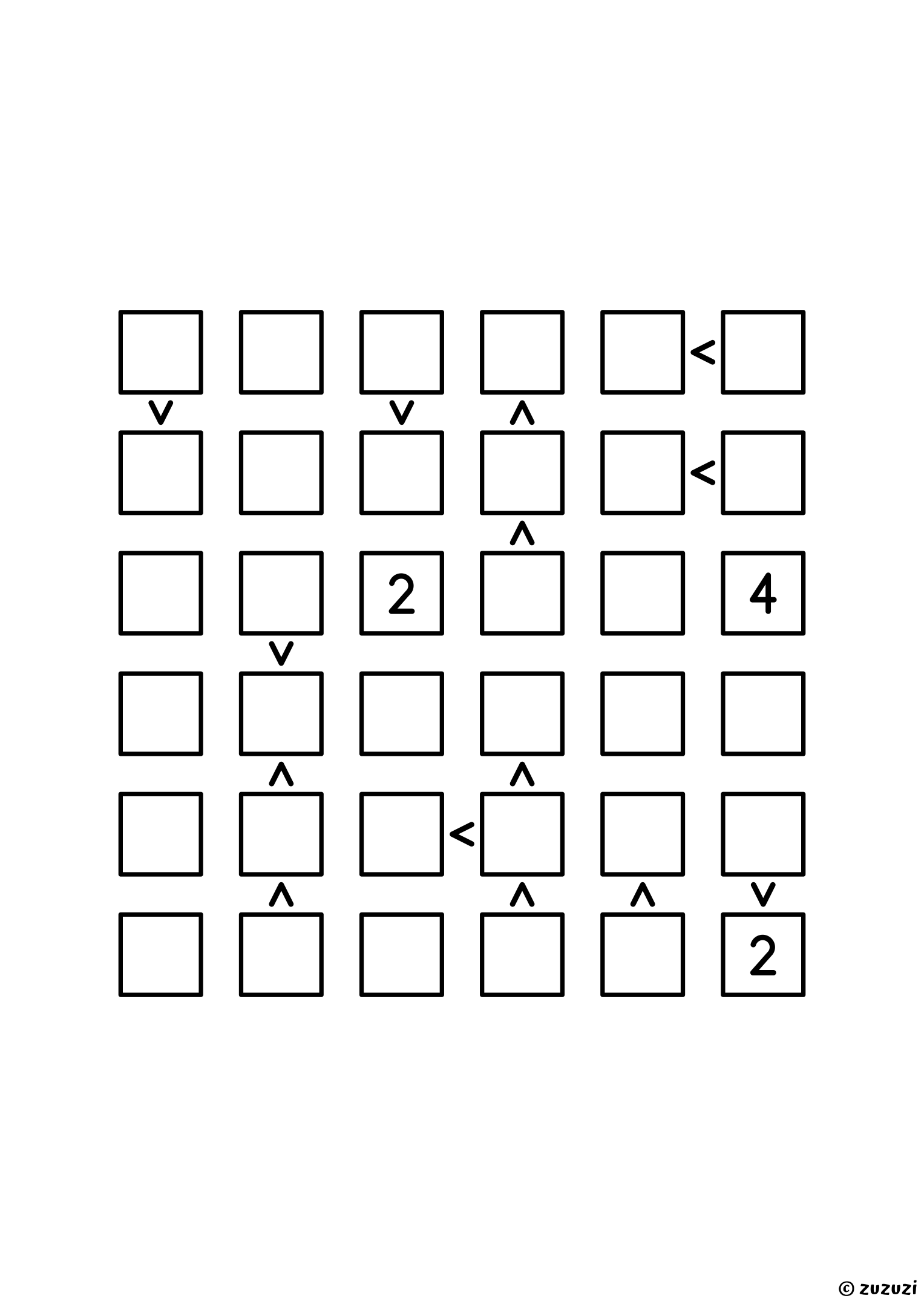 Challenging 6x6 futoshiki puzzle with inequality signs between neighboring cells. Digits 1 to 6, one solution. Variant 5.