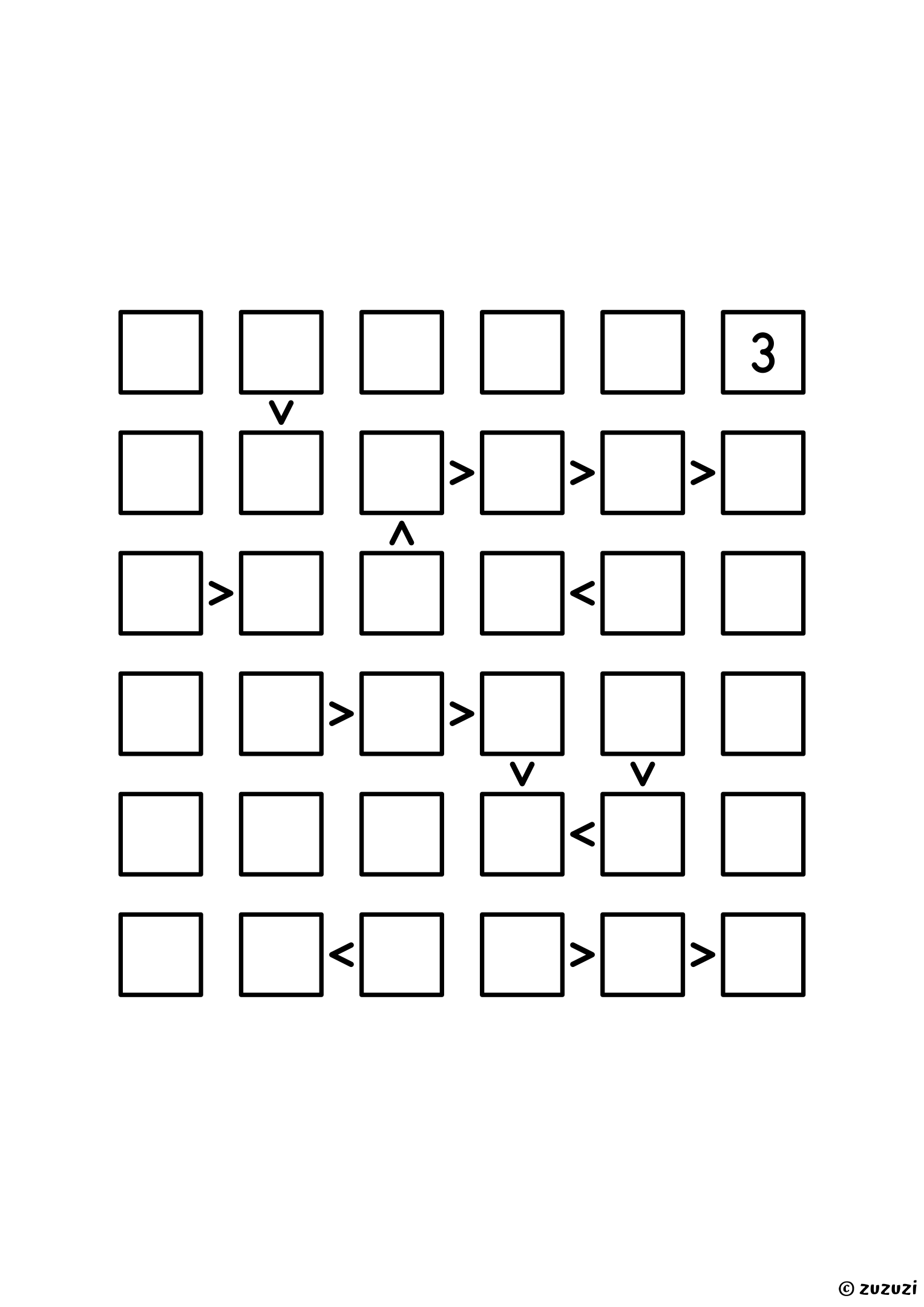 Challenging 6x6 futoshiki puzzle with inequality signs between neighboring cells. Digits 1 to 6, one solution. Variant 6.