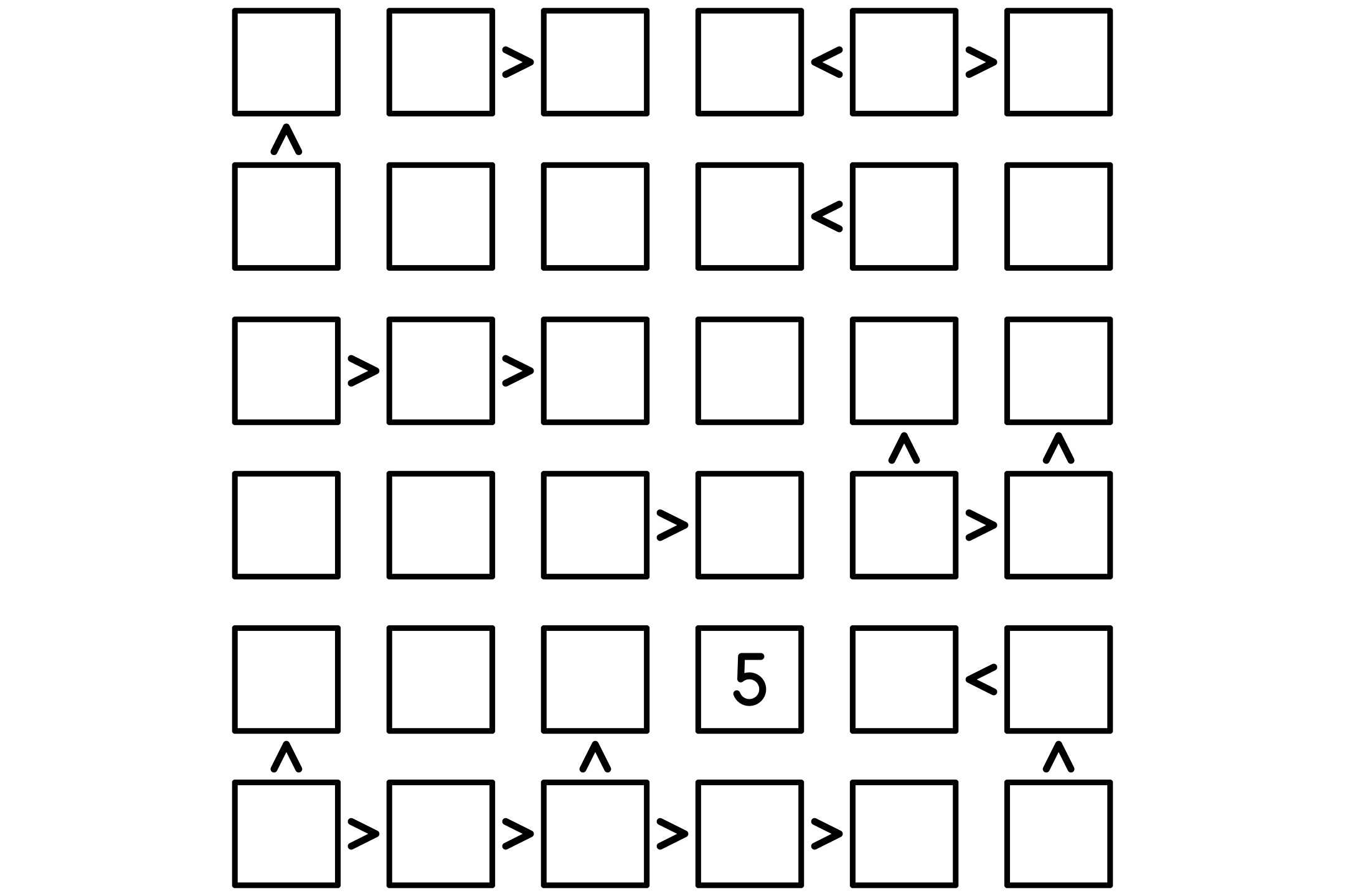 A 6x6 futoshiki grid with many inequality signs between its cells and a given digit, in black and white.