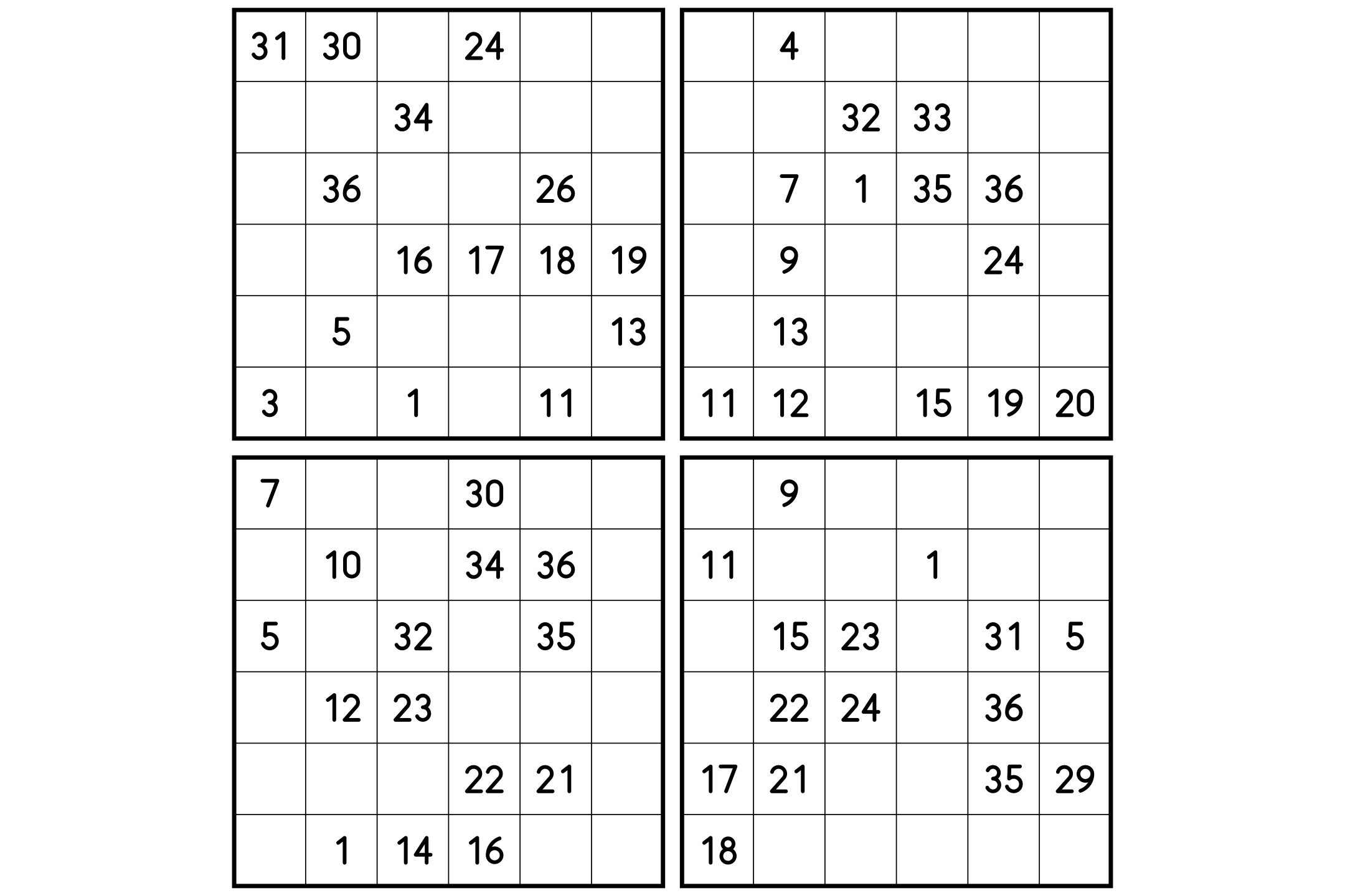 Four 6x6 Hidoku grids on one sheet, each with its own given numbers.