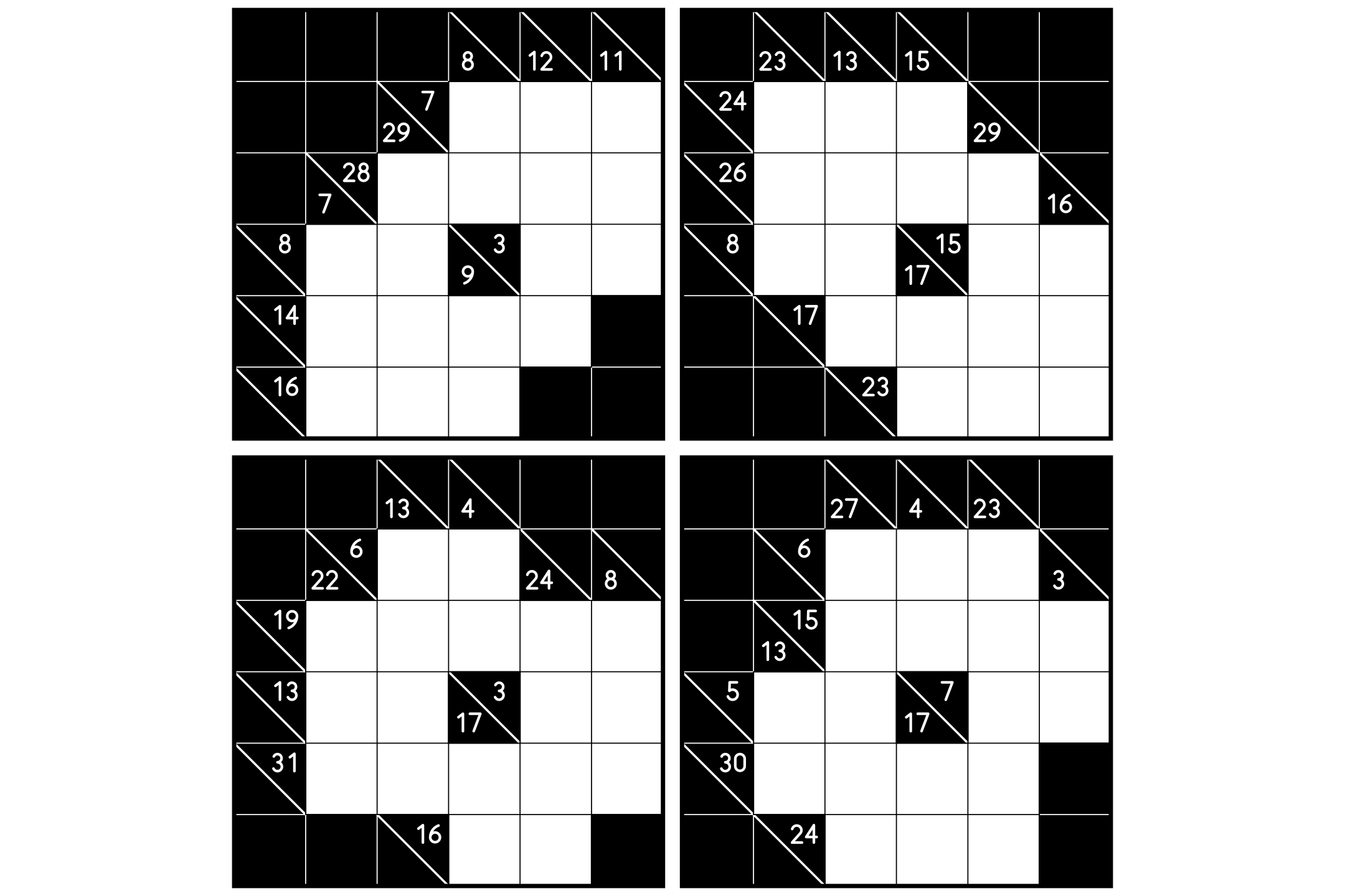 A sheet of four small 6x6 kakuro grids with diagonal clue cells.