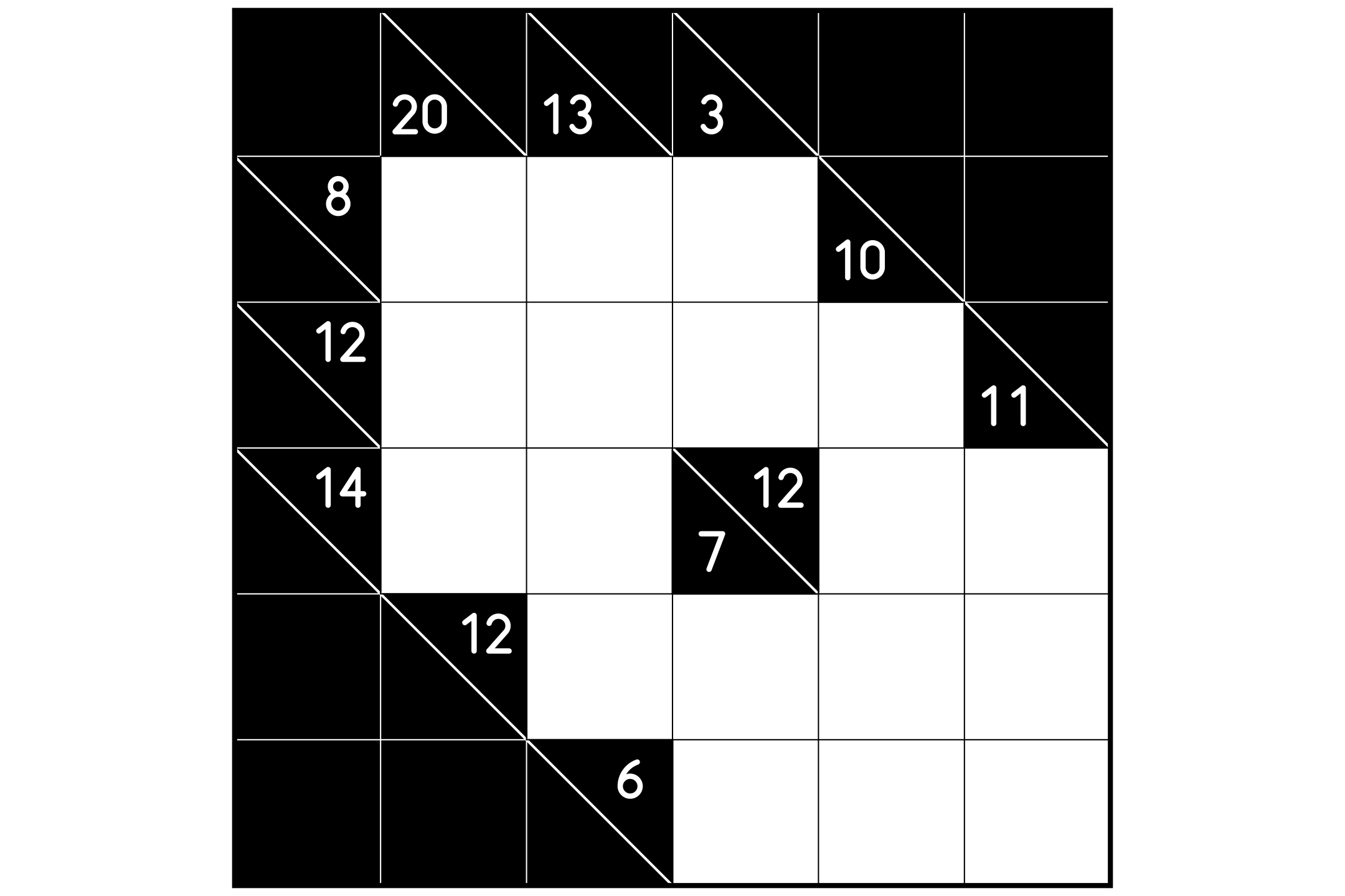 A 6x6 kakuro grid with diagonal clue cells and empty white runs, in black and white.
