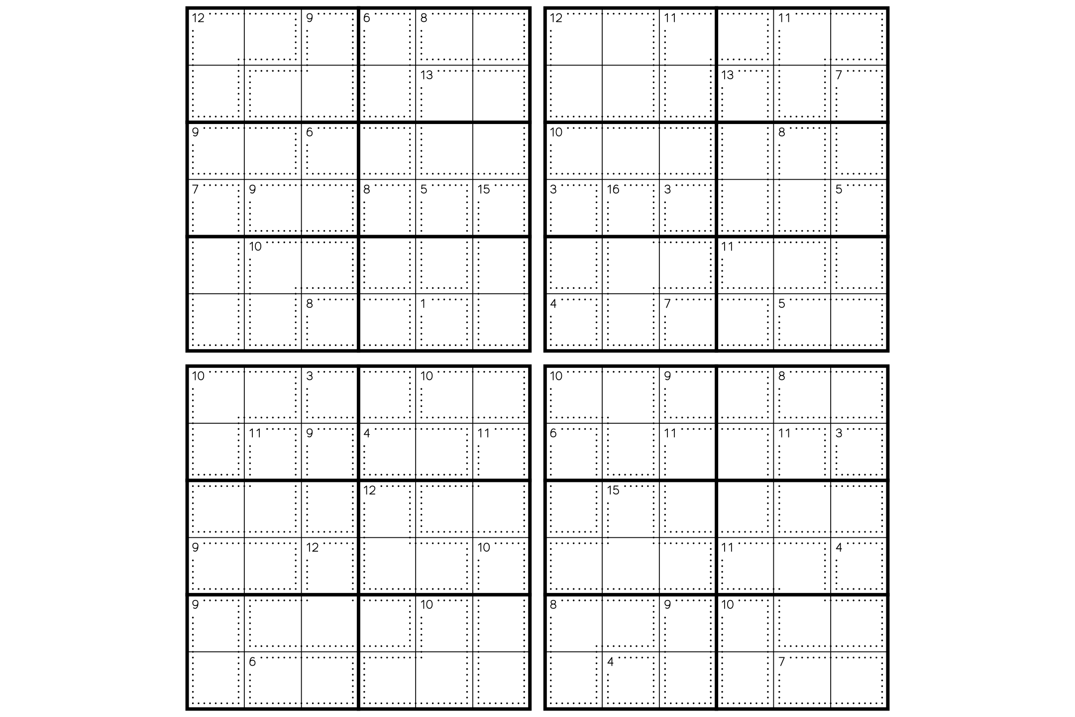 Four 6x6 killer sudoku grids on one sheet, each cut into dotted cages with their sums, in black on white.