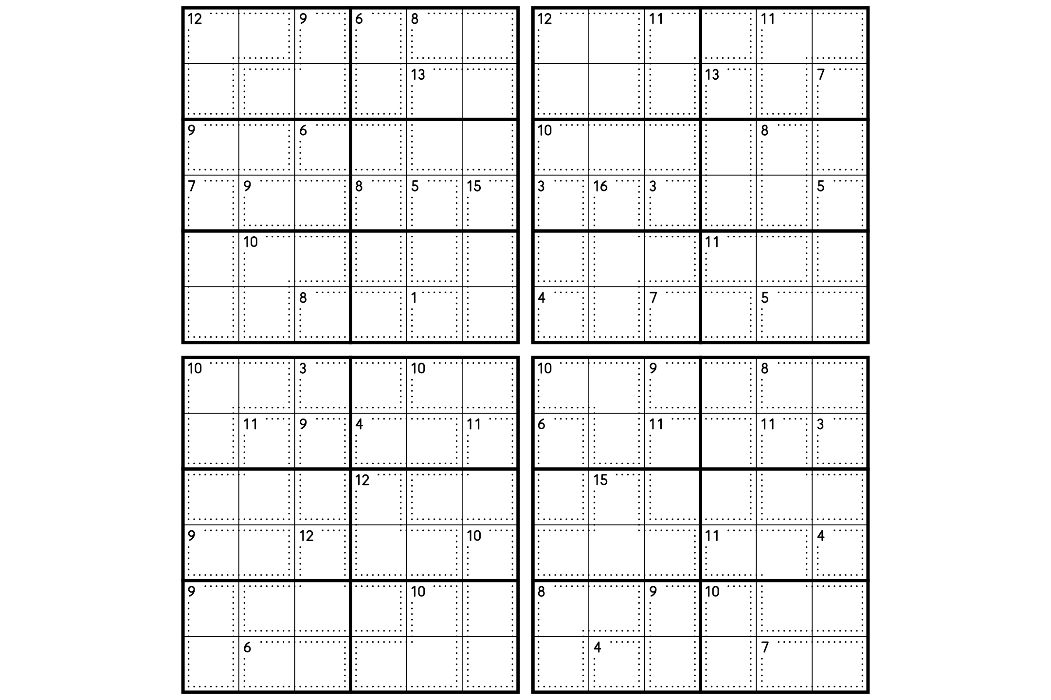 Four 6x6 killer sudoku grids on one sheet, each cut into dotted cages with their sums, in black on white.