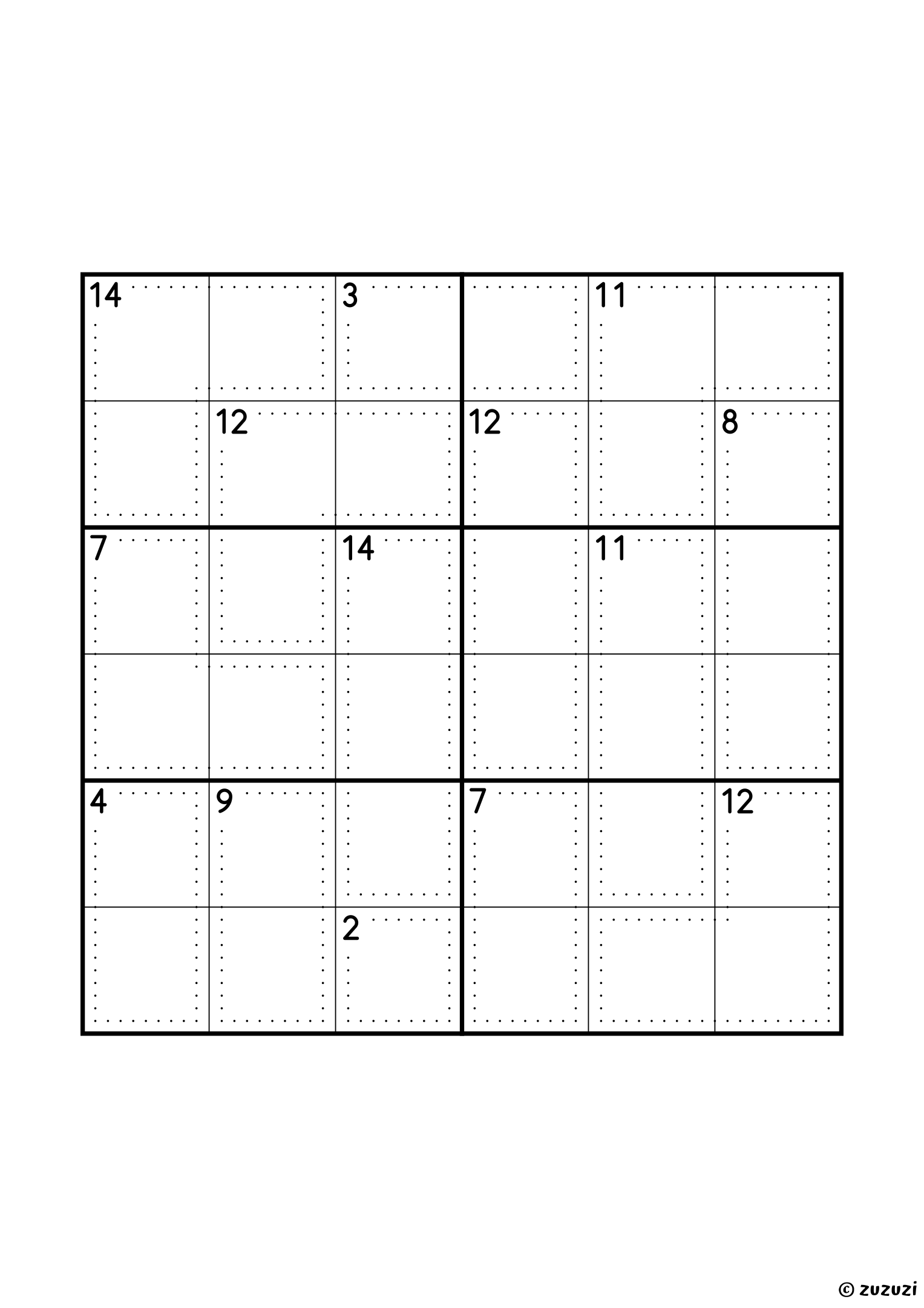 6x6 killer sudoku with fourteen cages: a single cell of sum 2, four two-cell cages (3, 4, 7 and 9) and nine three-cell cages, three of them summing to 12 and two to 14. The two-cell cage of sum 3 holds 1 and 2. Puzzle 1 of 8.