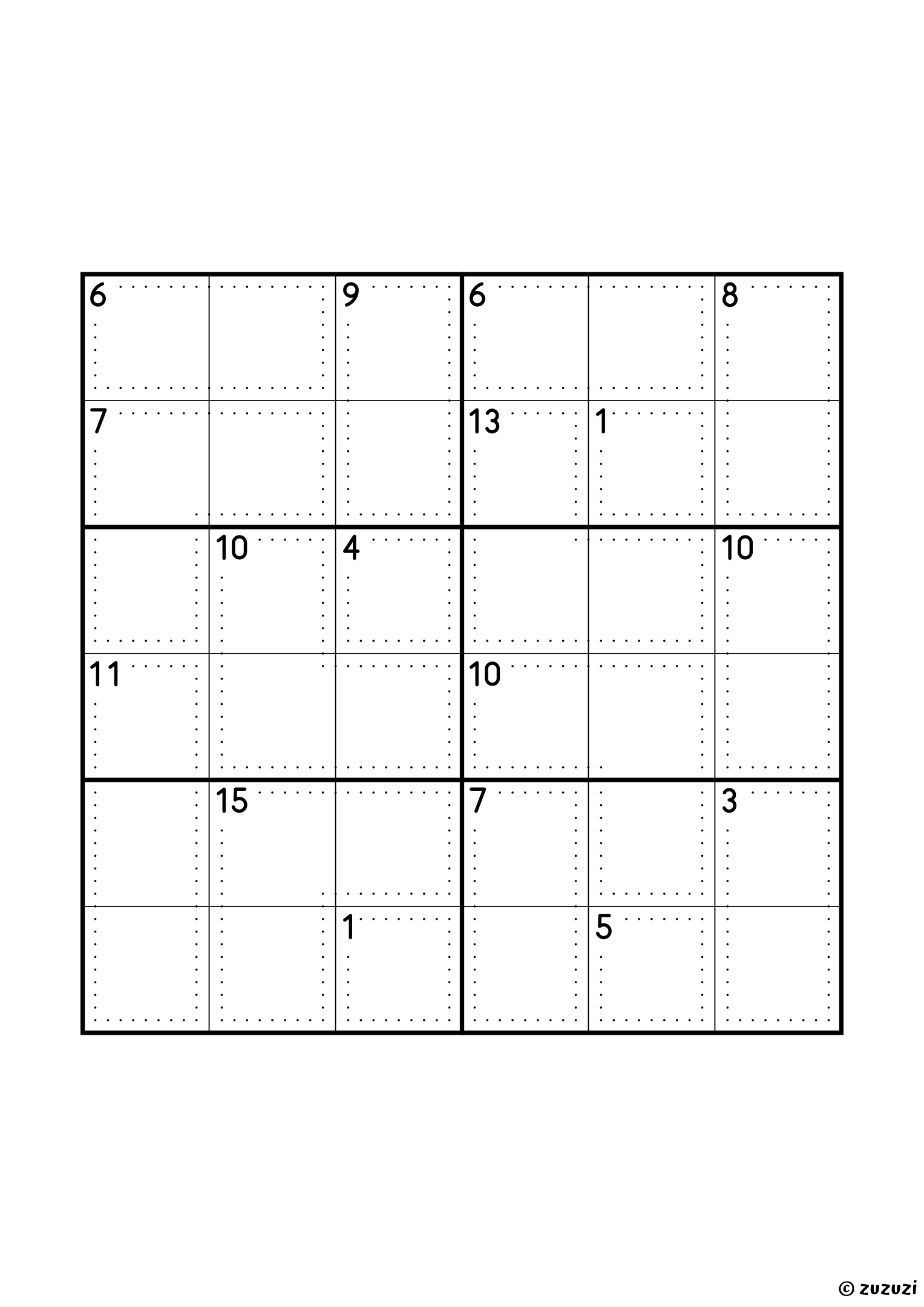 6x6 killer sudoku with seventeen cages, four of them single cells (1, 1, 4 and 5) that give four digits at once, seven two-cell cages (3, 6, 6, 7, 8, 9 and 10) and six of three cells, up to a 15 that holds 4, 5 and 6. Puzzle 2 of 8.