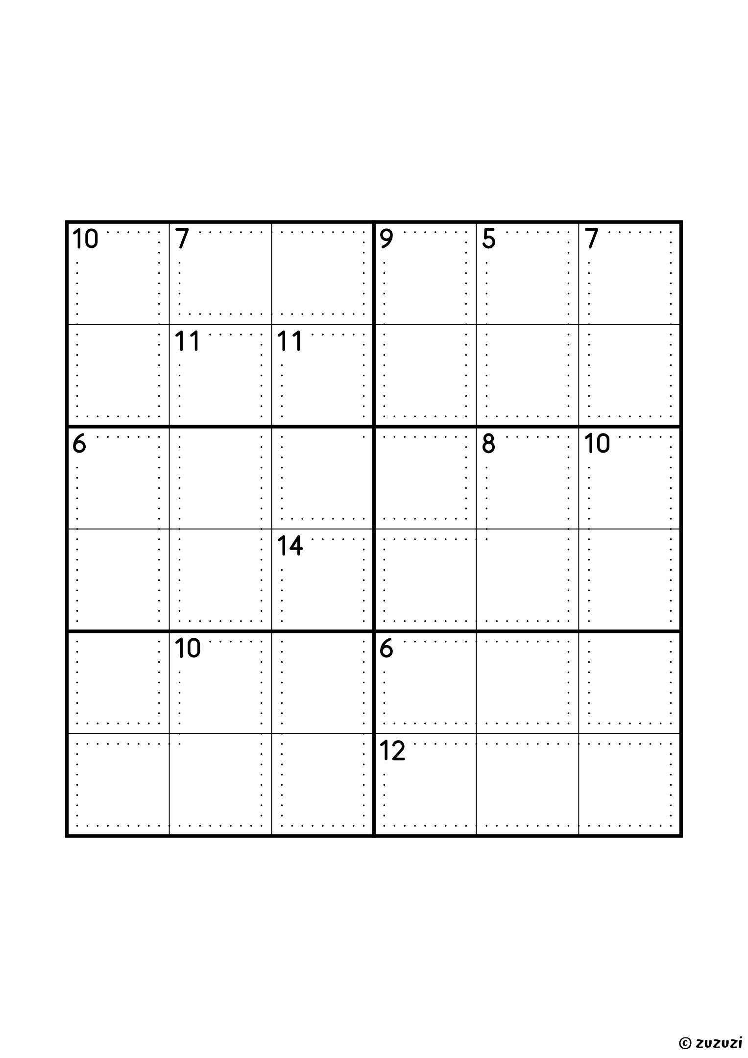 6x6 killer sudoku with fourteen cages and no single cell: six two-cell cages (5, 6, 7, 7, 9 and 10) and eight three-cell cages, from a 6 that holds 1, 2 and 3 to a 14. Puzzle 3 of 8.
