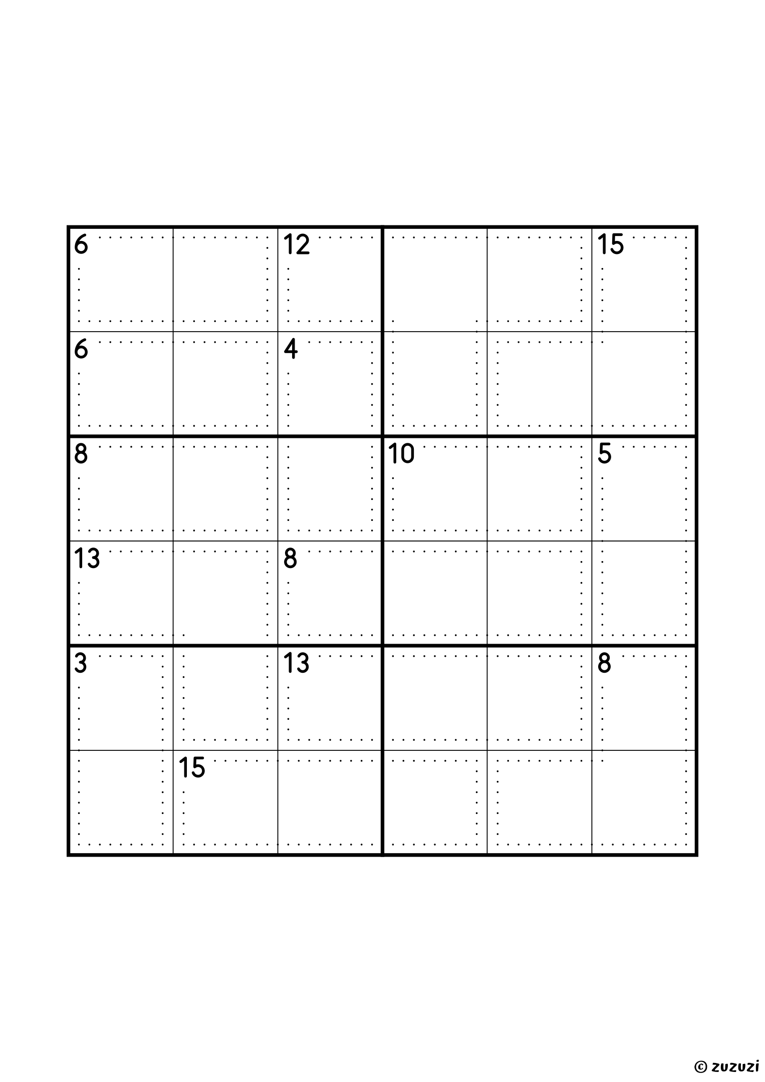6x6 killer sudoku with fourteen cages: seven two-cell cages (3, 4, 5, 6, 6, 8 and 10), six three-cell cages (8, 8, 13, 13, 15 and 15) and one four-cell cage of sum 12. Each cage of sum 15 can only hold 4, 5 and 6. Puzzle 4 of 8.