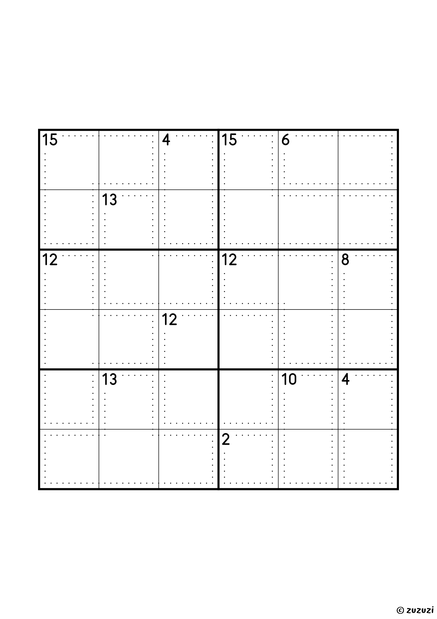 6x6 killer sudoku with thirteen cages: a single cell of sum 2, five two-cell cages (4, 4, 6, 8 and 10), three of three cells (12, 13 and 15) and four of four cells (12, 12, 13 and 15). The large cages make it one of the harder grids of the set. Puzzle 5 of 8.