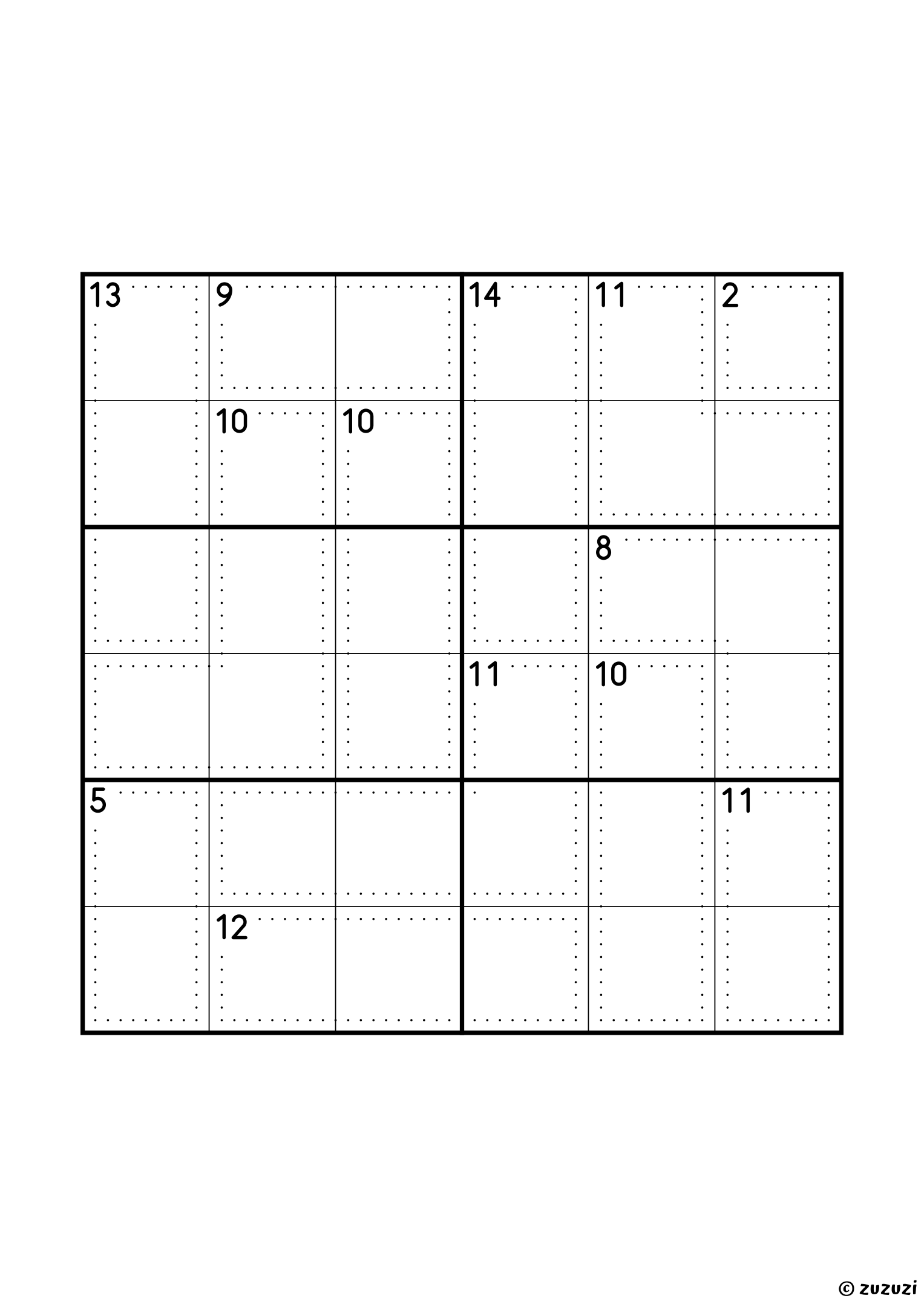 6x6 killer sudoku with thirteen cages: a single cell of sum 2, three two-cell cages (5, 9 and 11, the last one holding 5 and 6), seven three-cell cages from 8 to 14, and two four-cell cages, 10 (which is 1, 2, 3 and 4) and 11. Puzzle 6 of 8.