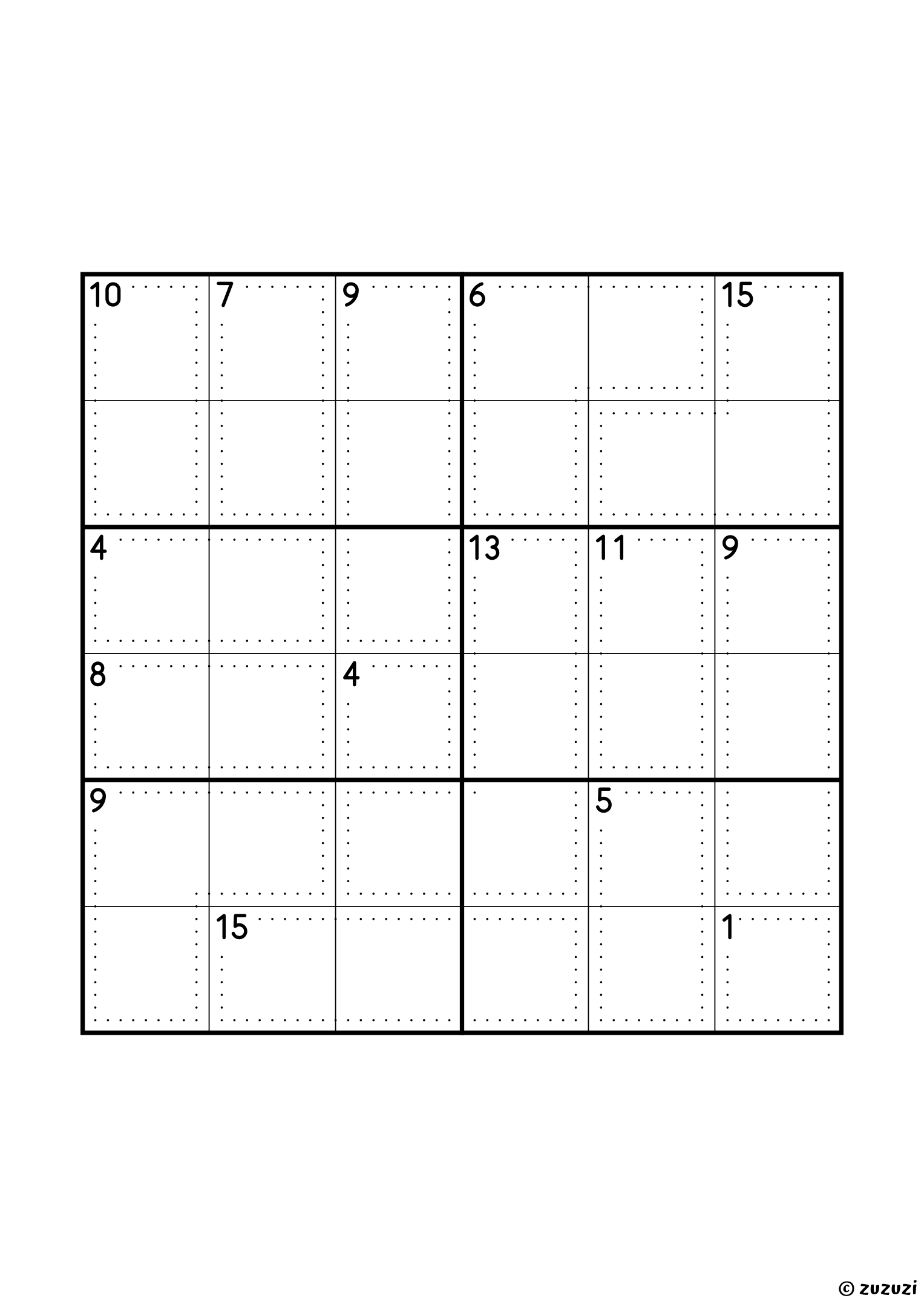 6x6 killer sudoku with fifteen cages: two single cells (1 and 4), six two-cell cages (4, 5, 7, 8, 10 and 11), six three-cell cages, three of them summing to 9 and two to 15, and one four-cell cage of sum 13. Puzzle 7 of 8.