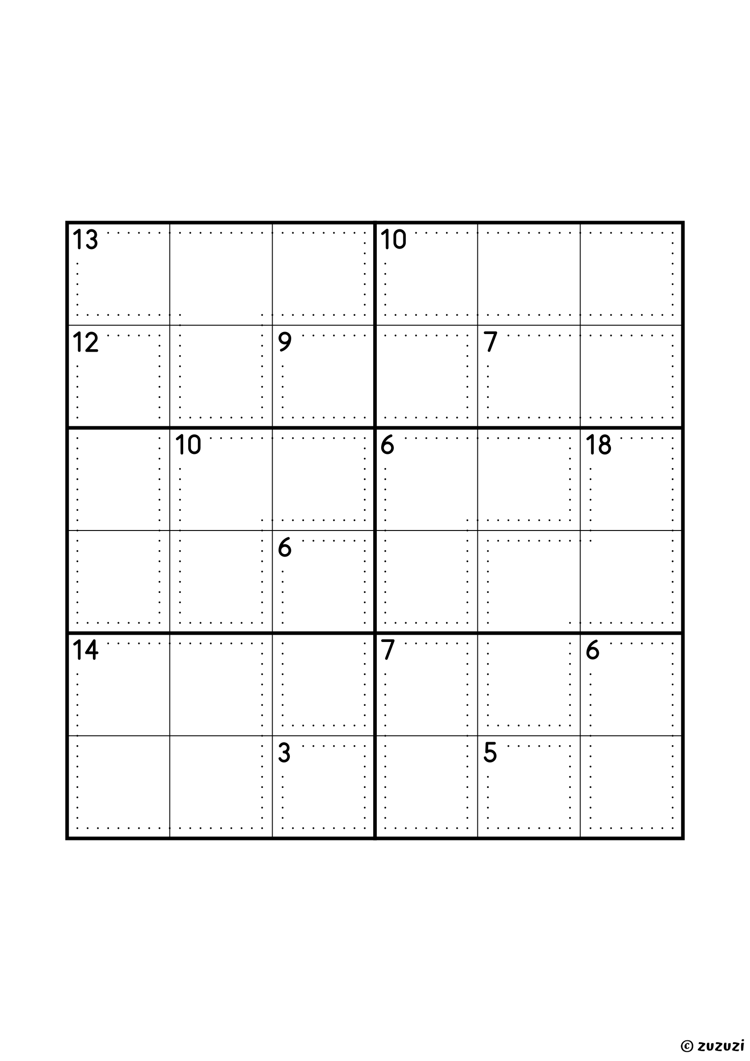 6x6 killer sudoku with fourteen cages: two single cells (3 and 5), five two-cell cages (6, 6, 7, 7 and 9), four three-cell cages (6, 10, 10 and 12) and three four-cell cages (13, 14 and 18, the last one holding 3, 4, 5 and 6). Puzzle 8 of 8.