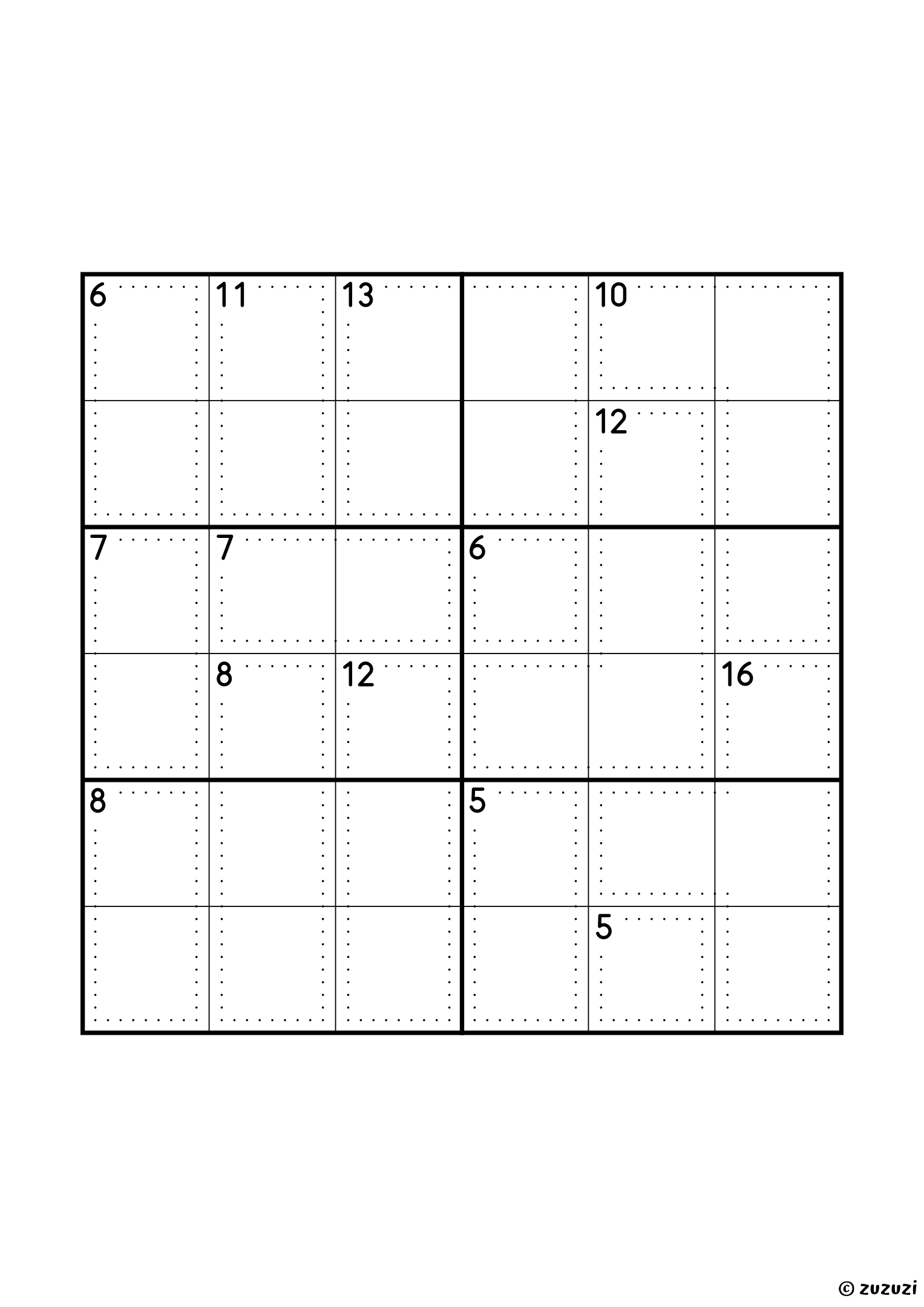 Intermediate 6x6 killer sudoku with no given numbers, only dotted cages and their sums. Digits 1 to 6, one solution. Variant 1.