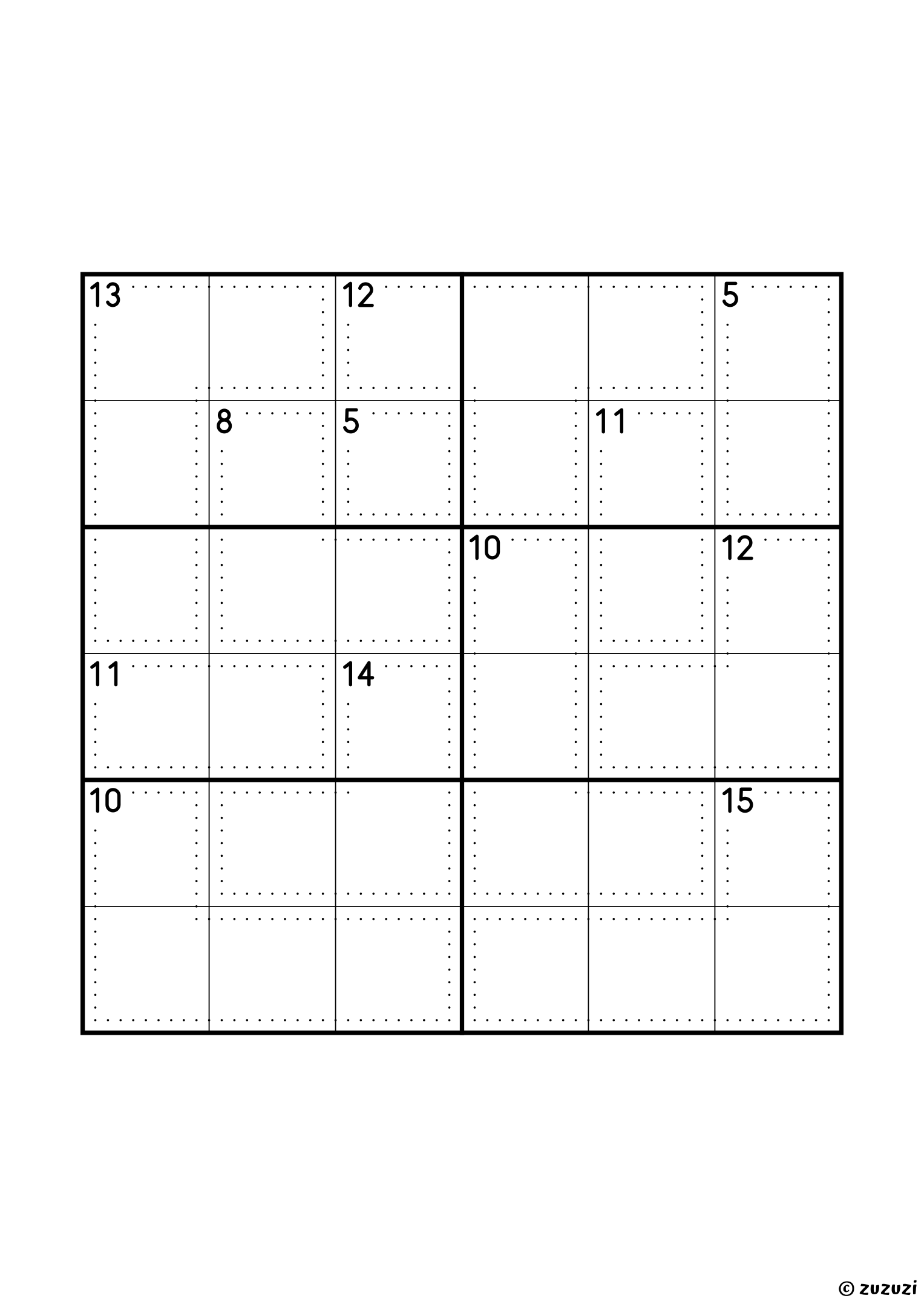 Intermediate 6x6 killer sudoku with no given numbers, only dotted cages and their sums. Digits 1 to 6, one solution. Variant 2.