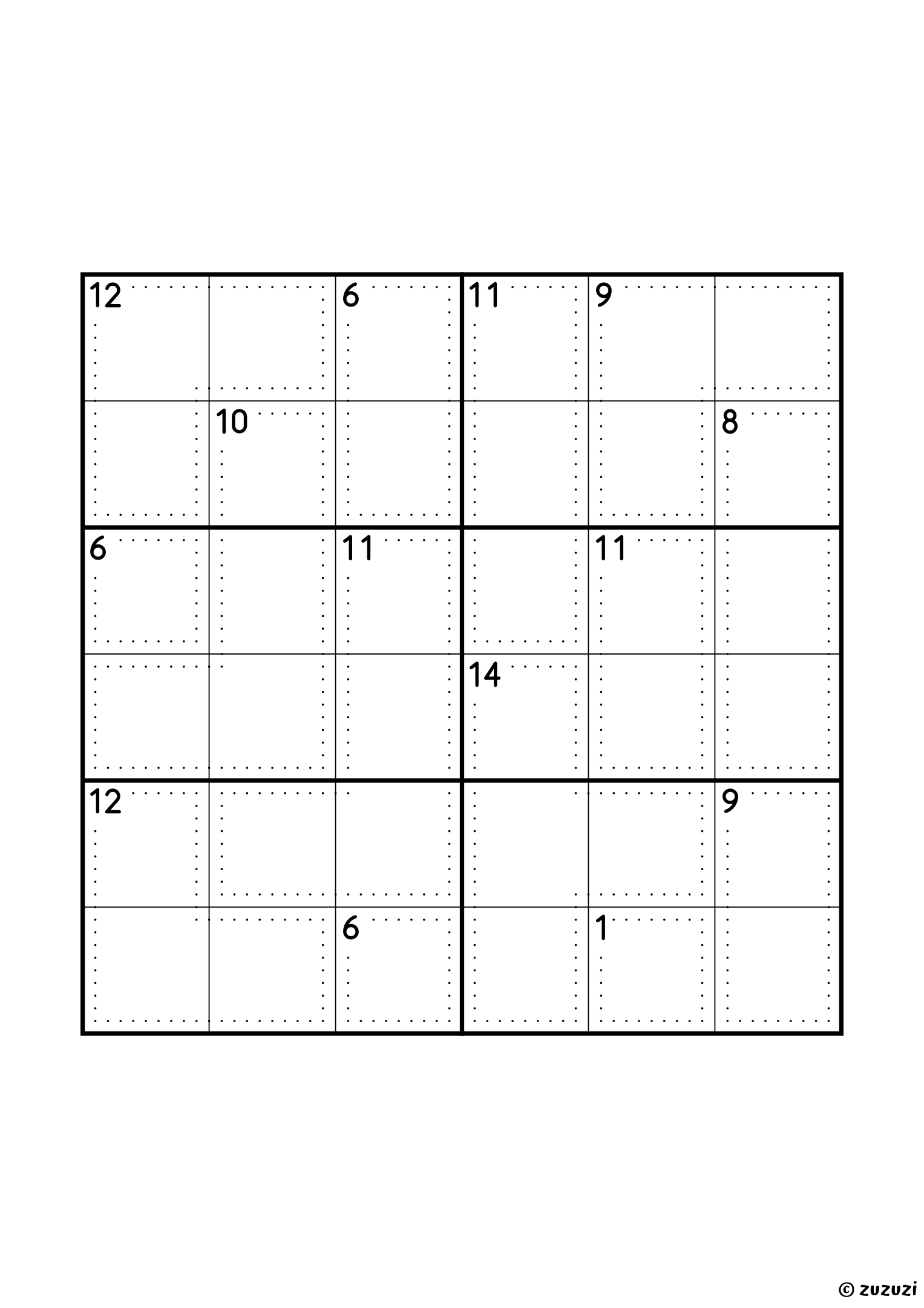 Intermediate 6x6 killer sudoku with no given numbers, only dotted cages and their sums. Digits 1 to 6, one solution. Variant 3.