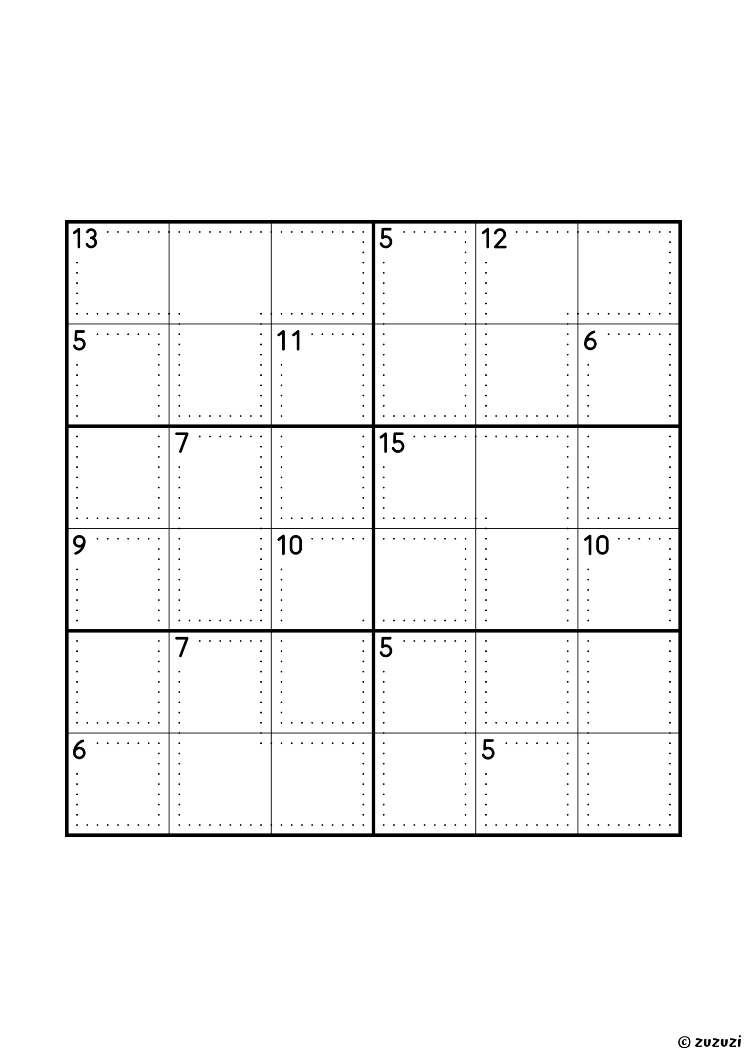 Intermediate 6x6 killer sudoku with no given numbers, only dotted cages and their sums. Digits 1 to 6, one solution. Variant 4.