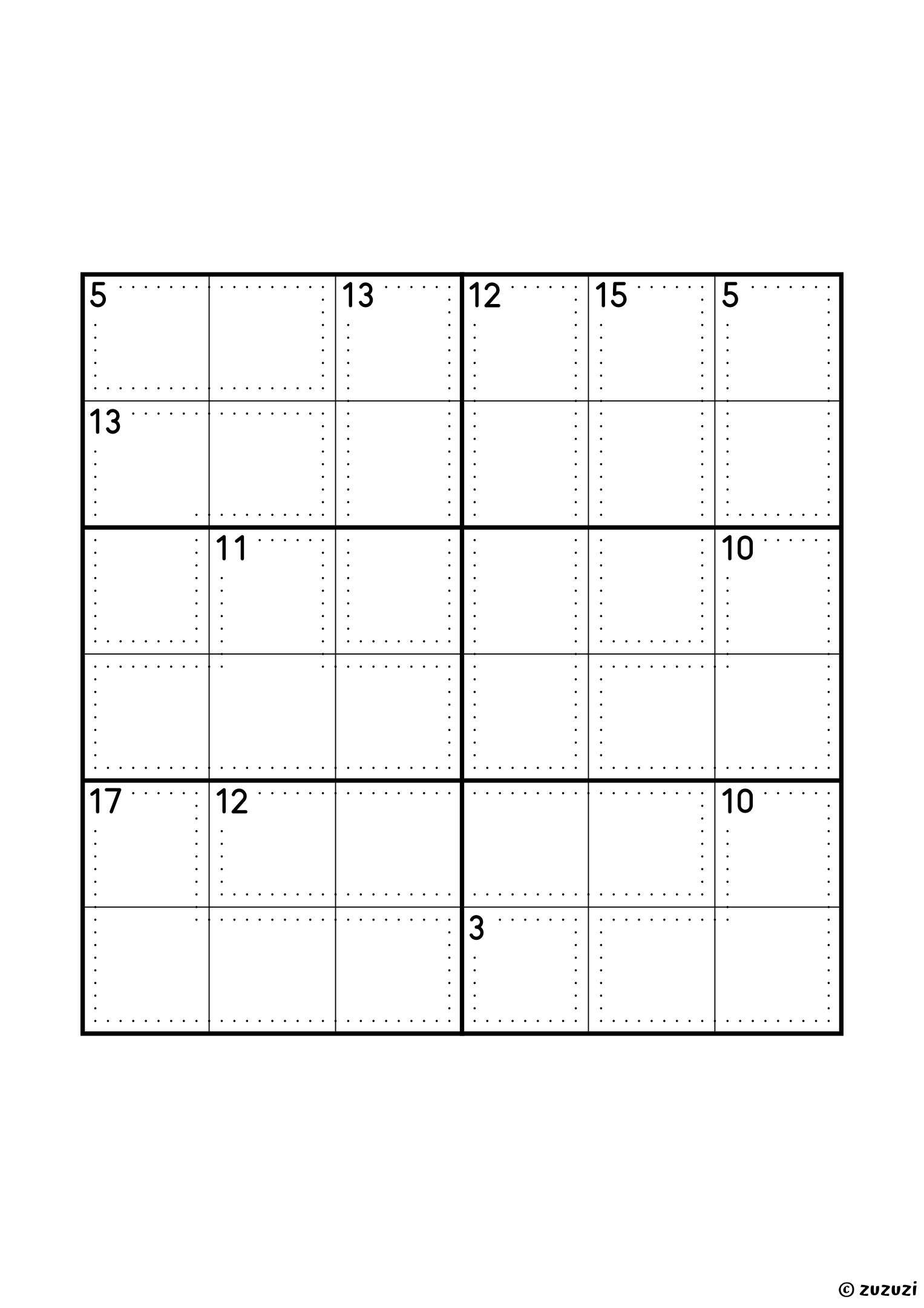 Intermediate 6x6 killer sudoku with no given numbers, only dotted cages and their sums. Digits 1 to 6, one solution. Variant 5.