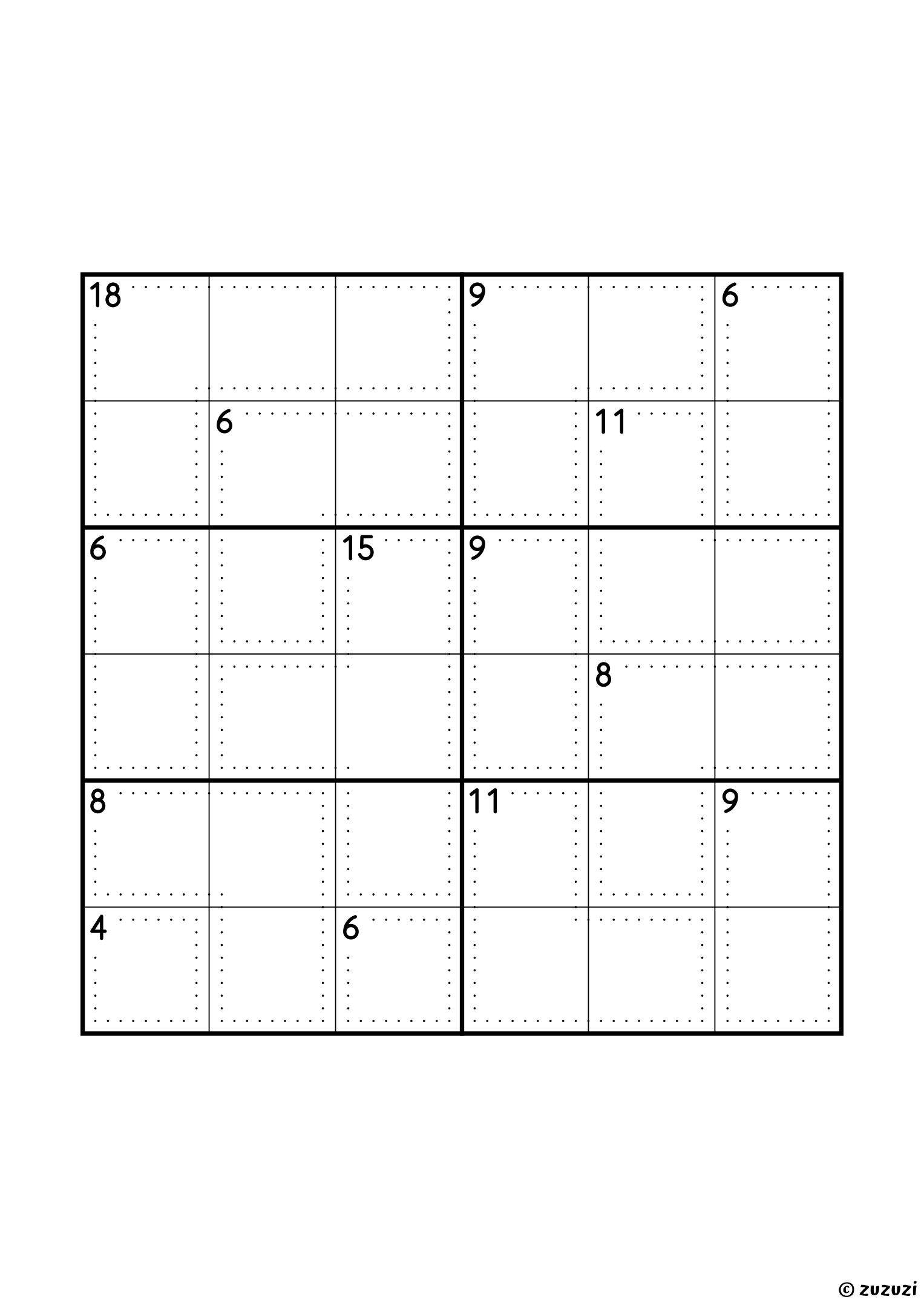 Intermediate 6x6 killer sudoku with no given numbers, only dotted cages and their sums. Digits 1 to 6, one solution. Variant 6.