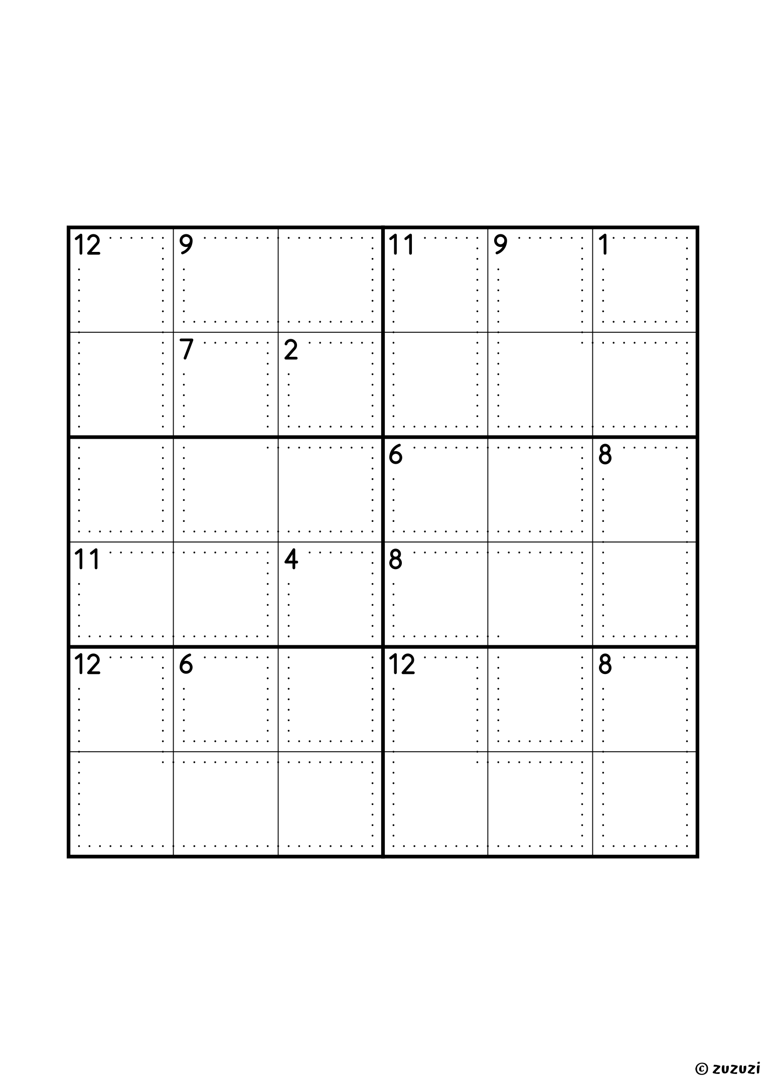 Intermediate 6x6 killer sudoku with no given numbers, only dotted cages and their sums. Digits 1 to 6, one solution. Variant 7.