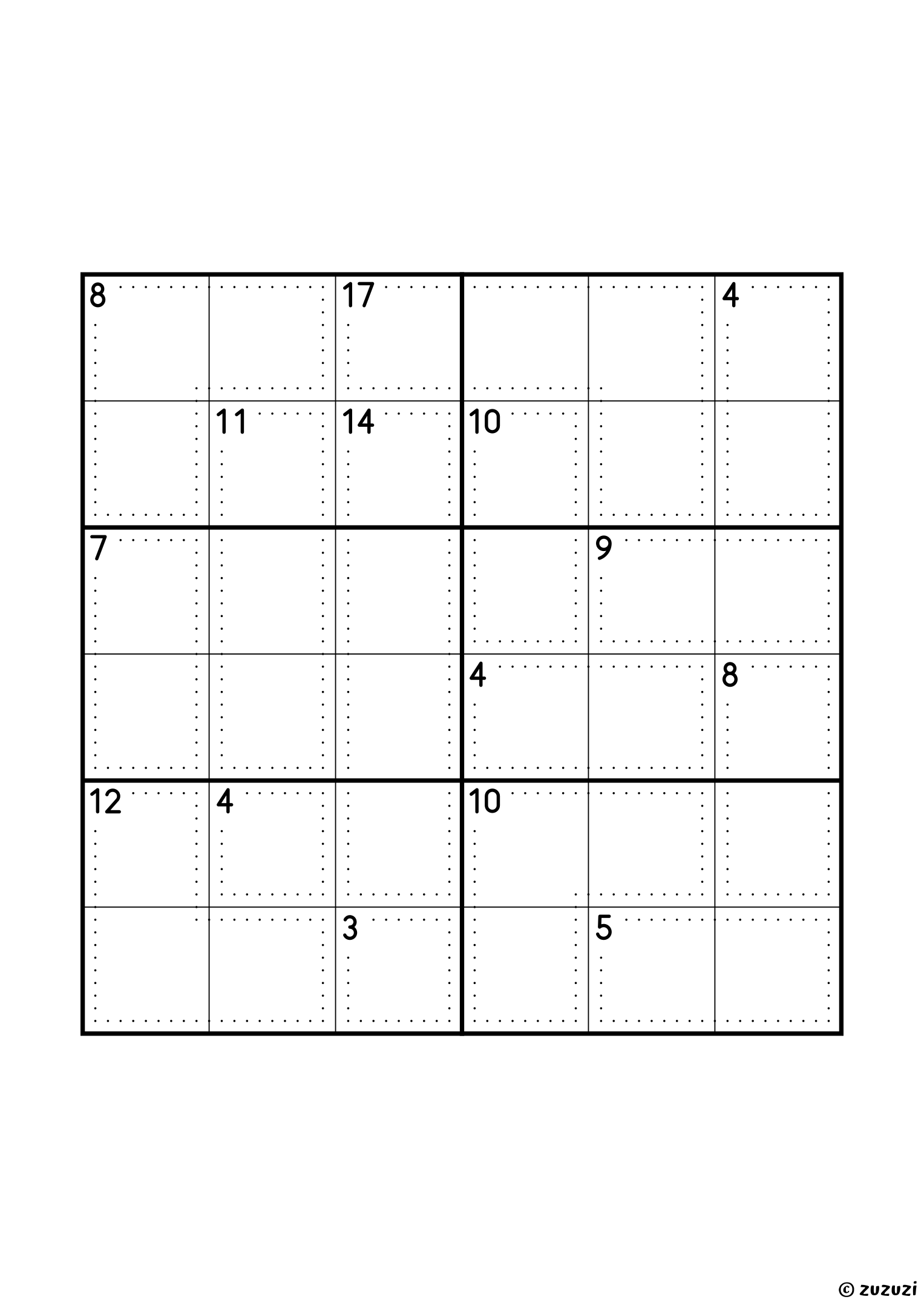 Intermediate 6x6 killer sudoku with no given numbers, only dotted cages and their sums. Digits 1 to 6, one solution. Variant 8.