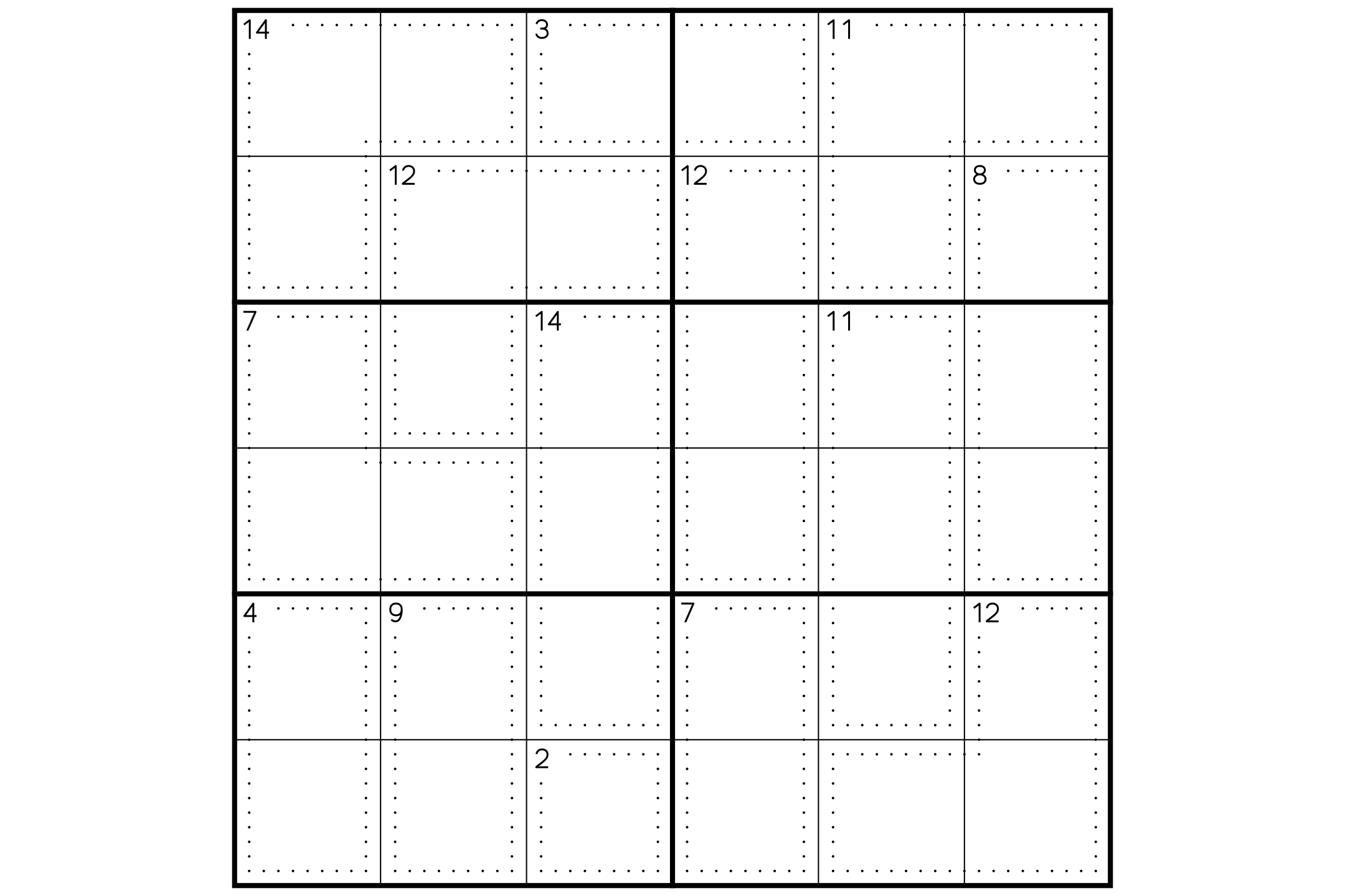 A 6x6 killer sudoku grid with dotted cages and their sums, and no given numbers, in black and white.
