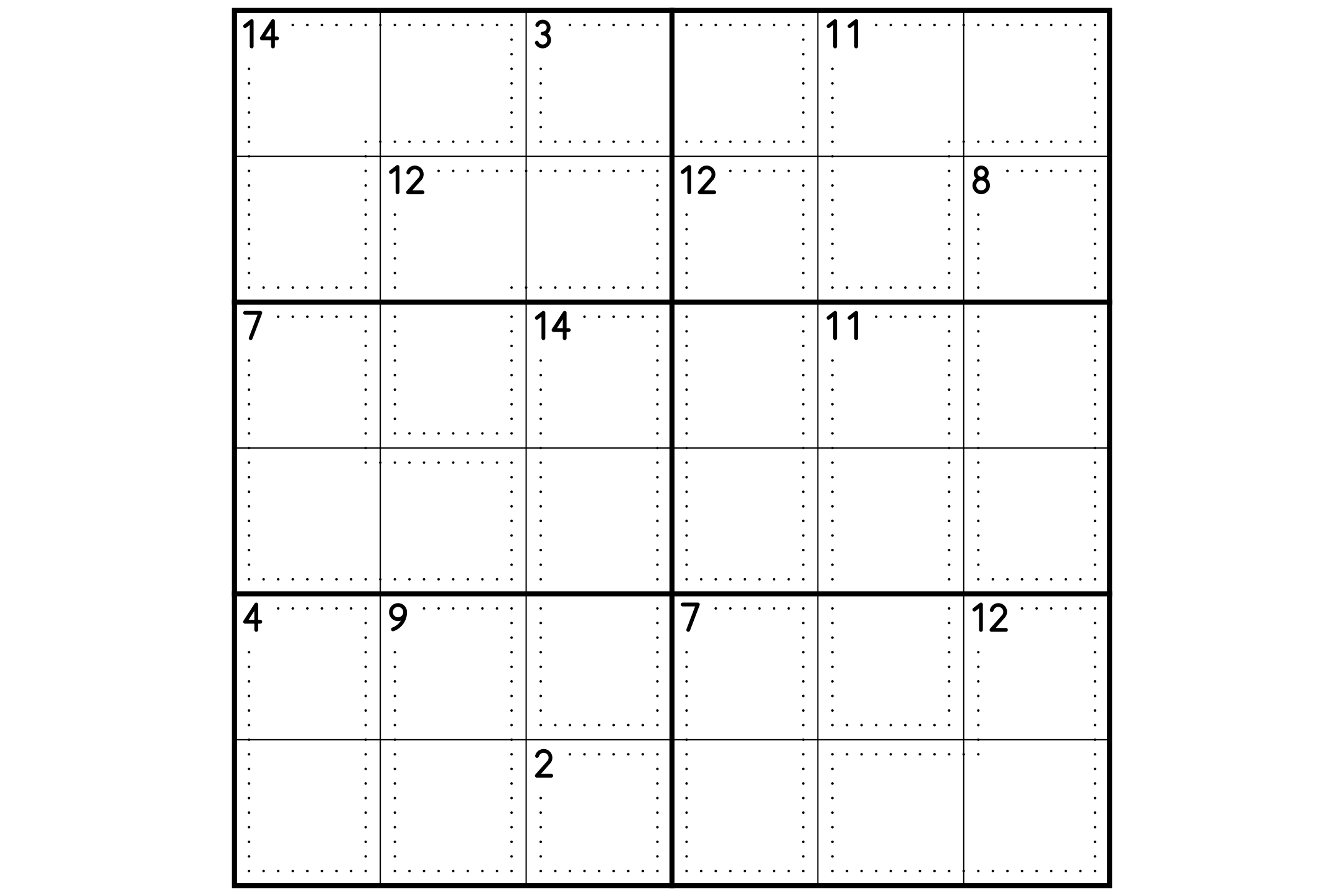 A 6x6 killer sudoku grid with dotted cages and their sums, and no given numbers, in black and white.