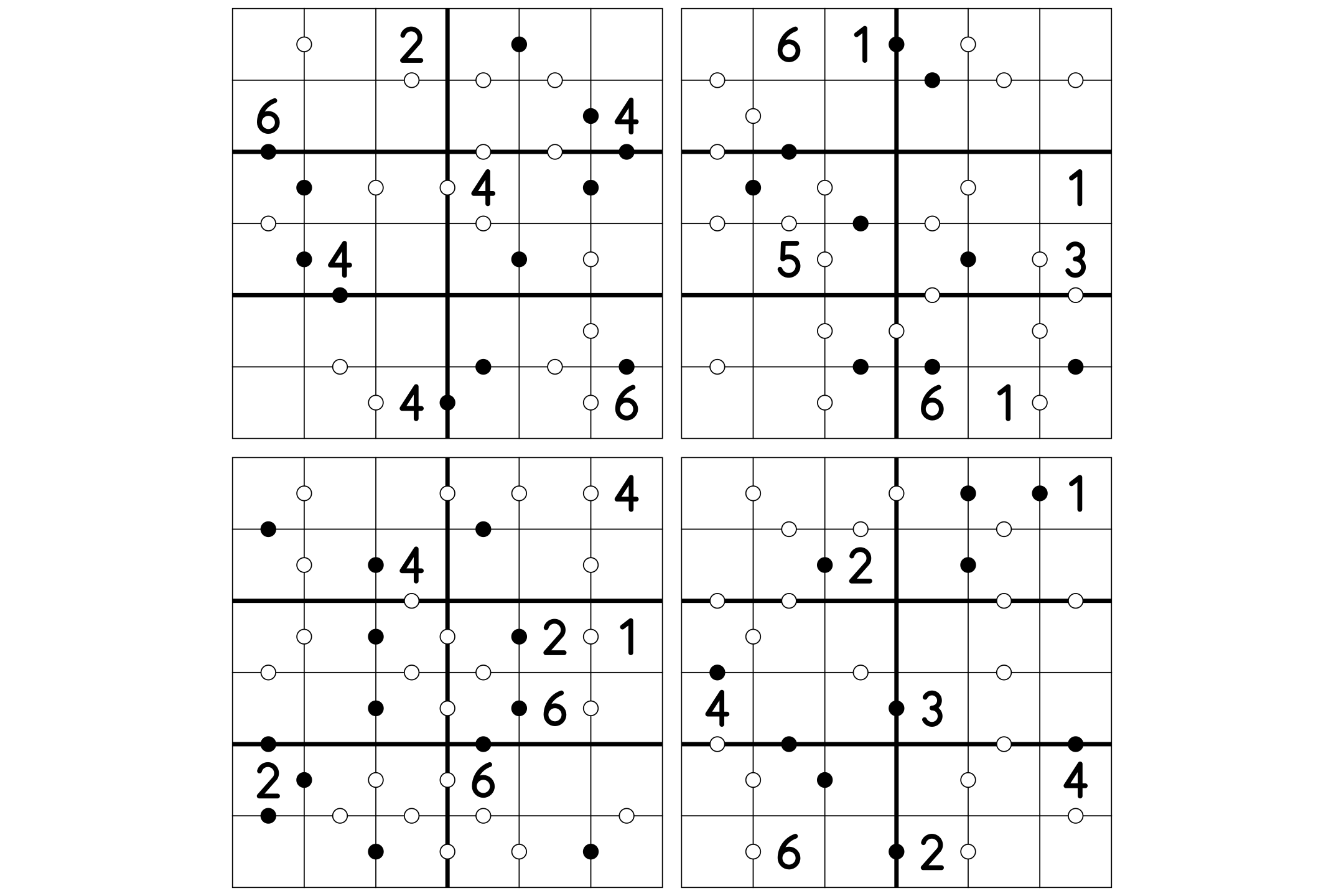 A page of four 6x6 Kropki grids with white and black dots and a few digits.