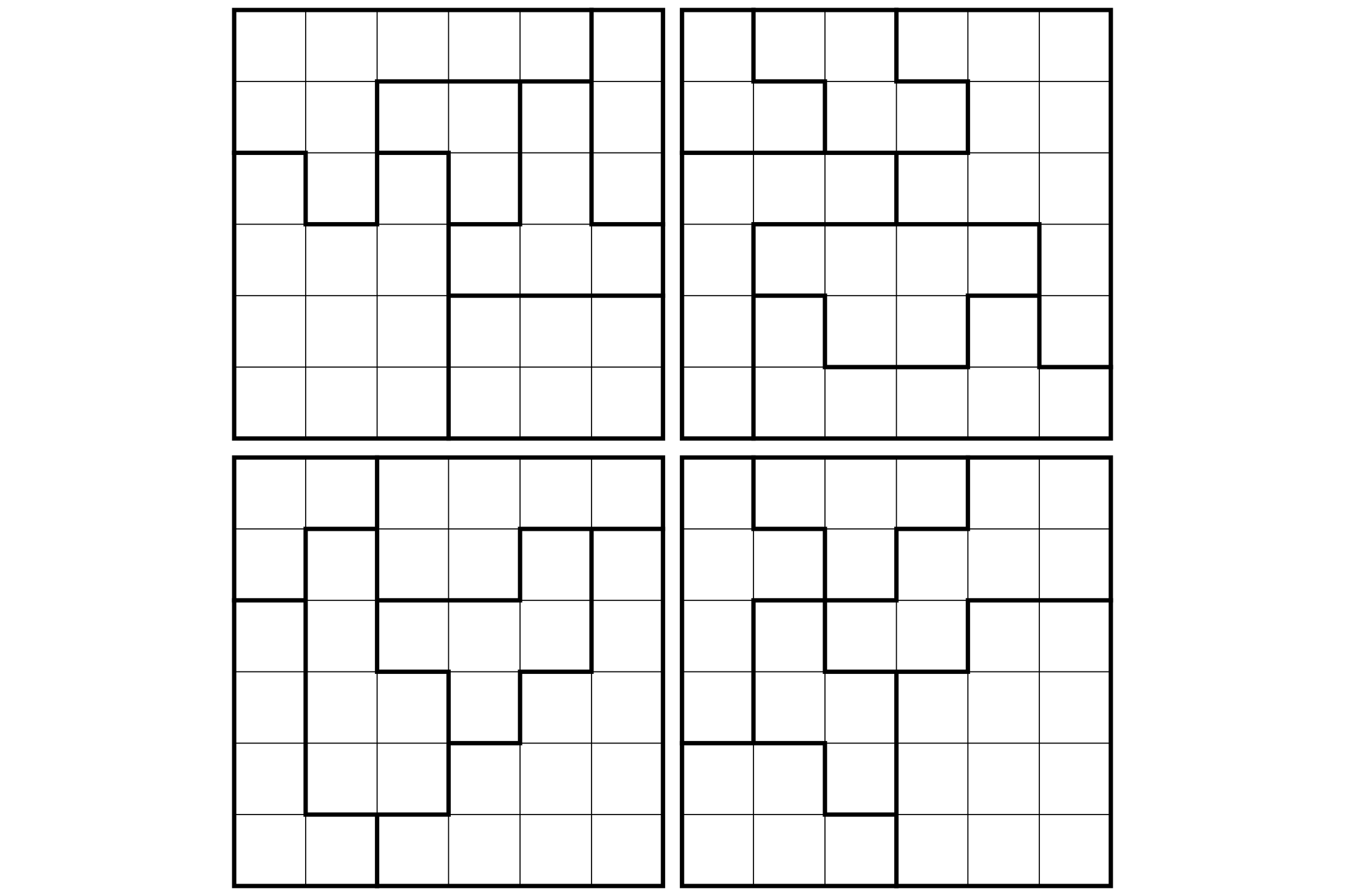 A sheet of four 6x6 star battle grids with region outlines.