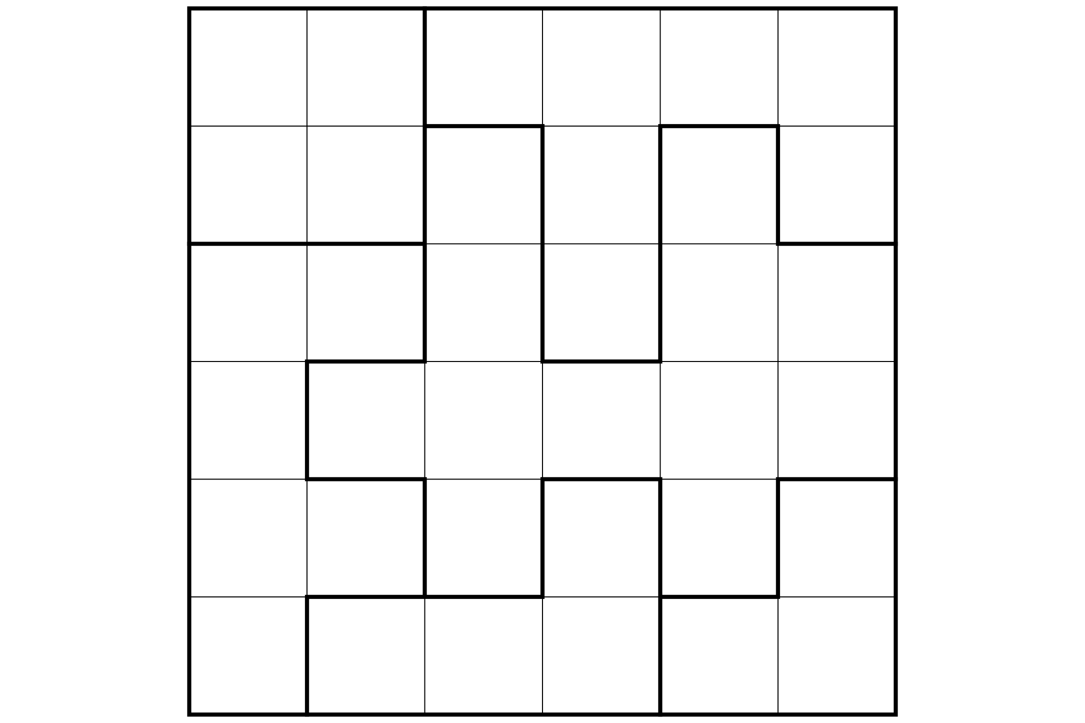 A 6x6 star battle grid with six regions outlined by thick lines.