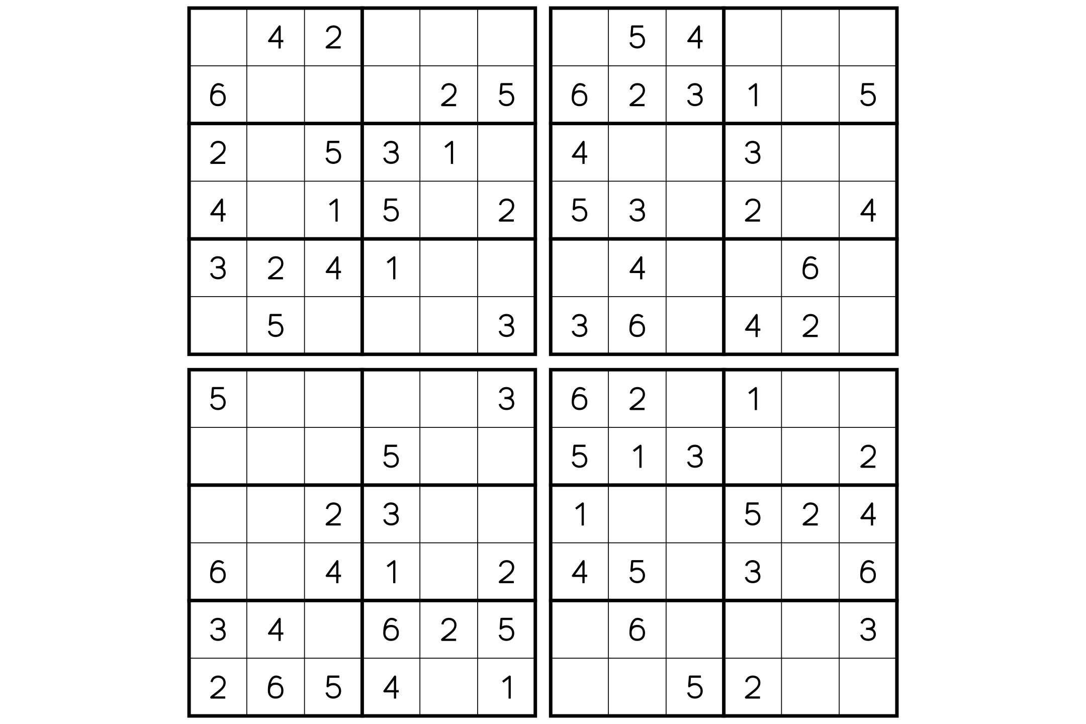 Four medium 6x6 sudoku puzzles on one page, printed in black and white.