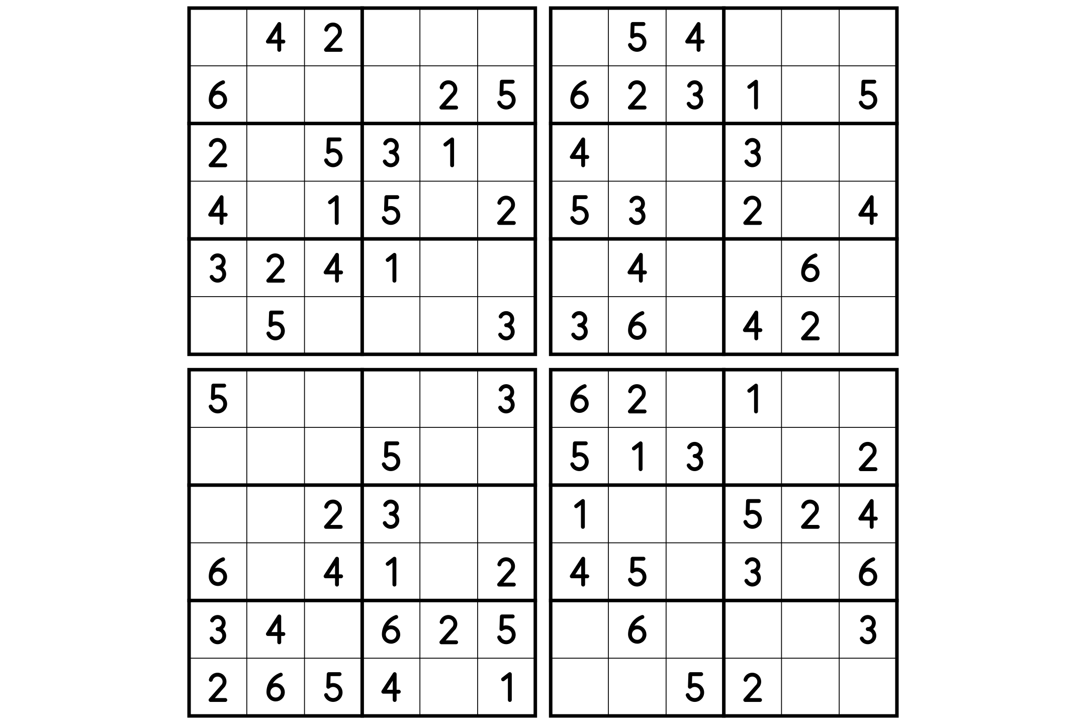 Four medium 6x6 sudoku puzzles on one page, printed in black and white.