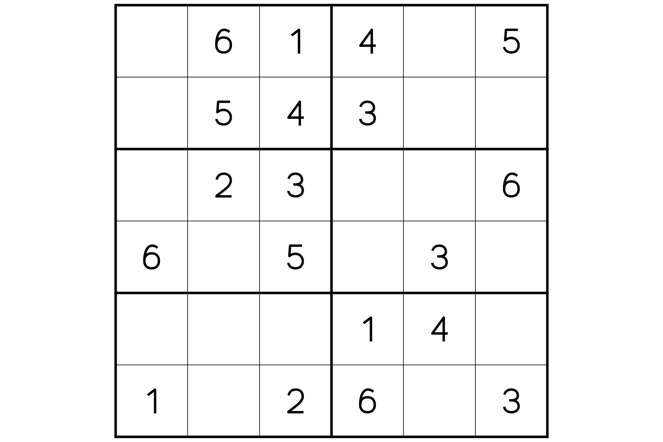A medium 6x6 sudoku puzzle with some digits already in place, printed in black and white.
