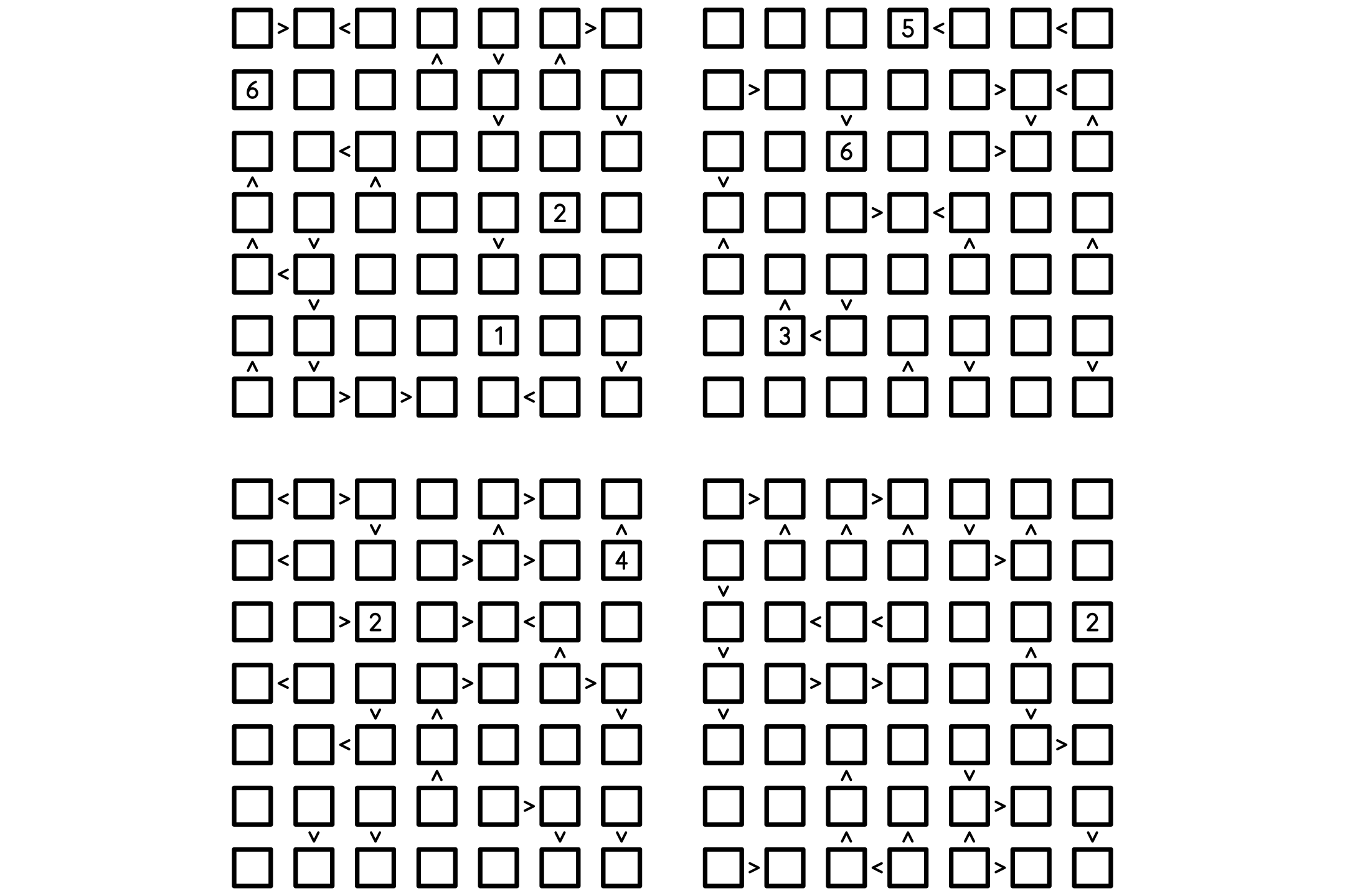 A sheet of four 7x7 futoshiki grids, each with chains of inequality signs between its cells, in black on white.