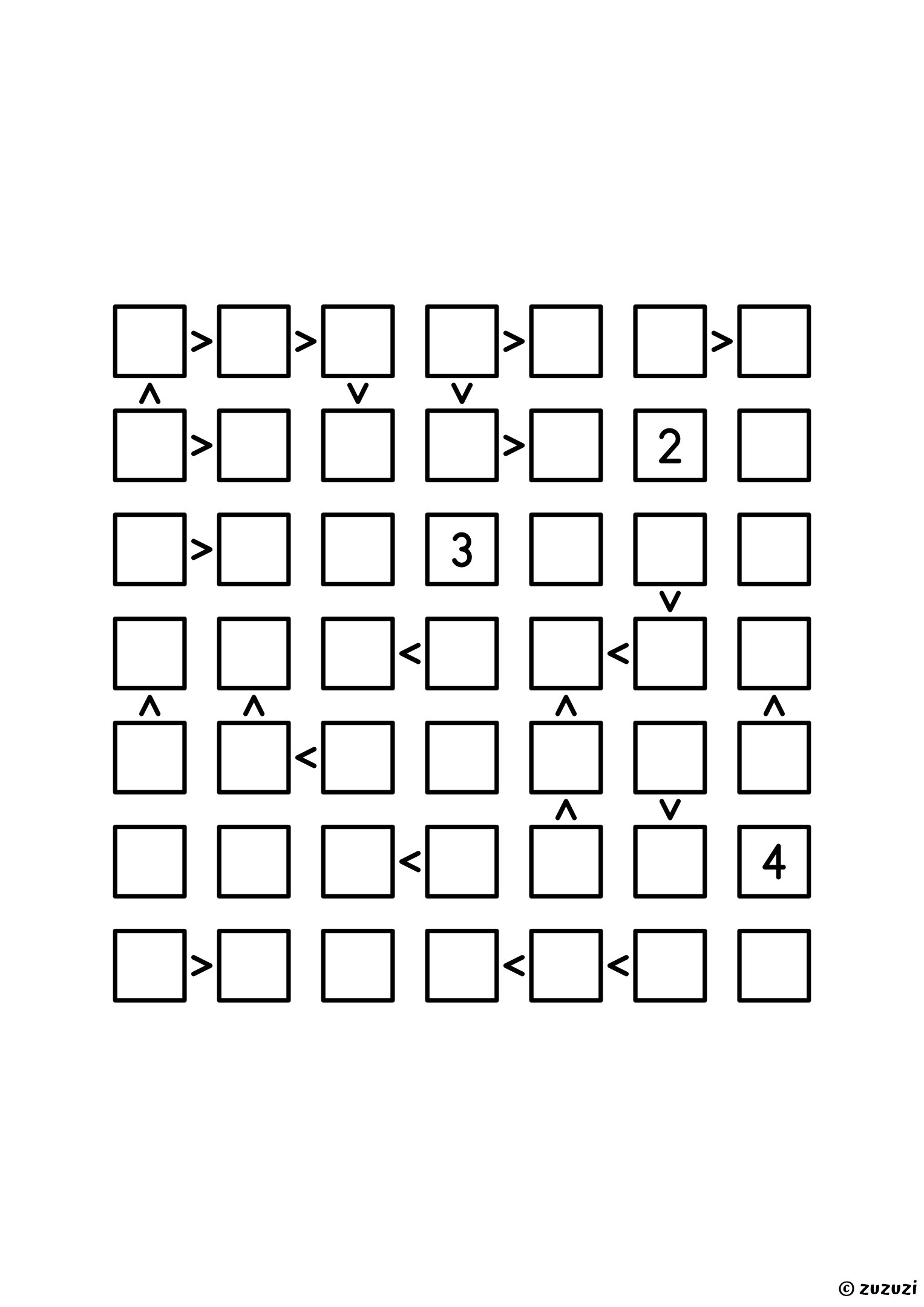 7x7 futoshiki with three given digits and twenty-four signs: three footholds, then the chains. Puzzle 1 of 8.