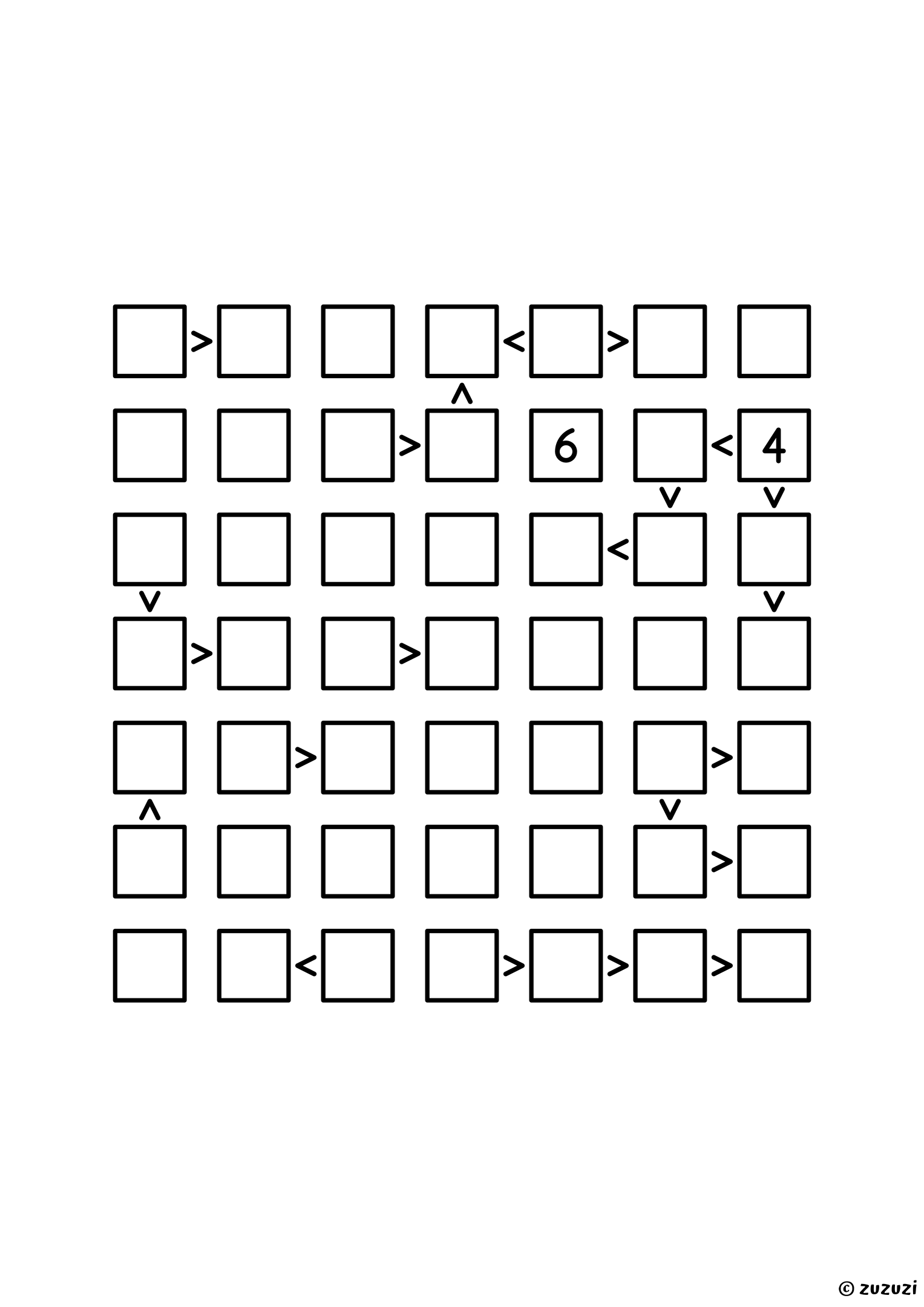7x7 futoshiki with two given digits and twenty-two signs; look first for the rows where the 7 has a single place left. Puzzle 2 of 8.