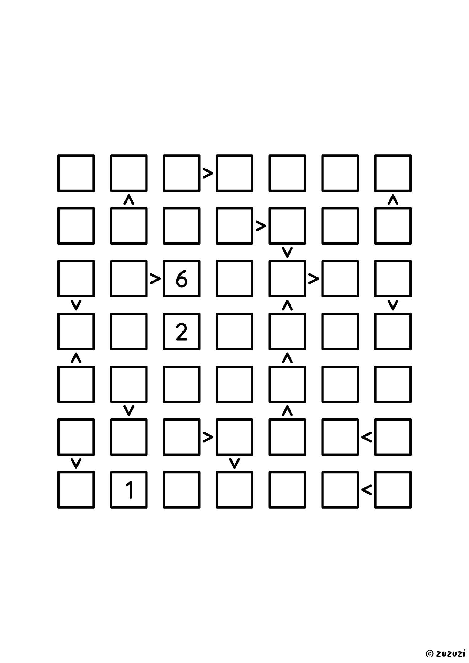 7x7 futoshiki with three given digits and nineteen signs, the sparsest grid of the set: the row and column rule carries more of the work. Puzzle 3 of 8.
