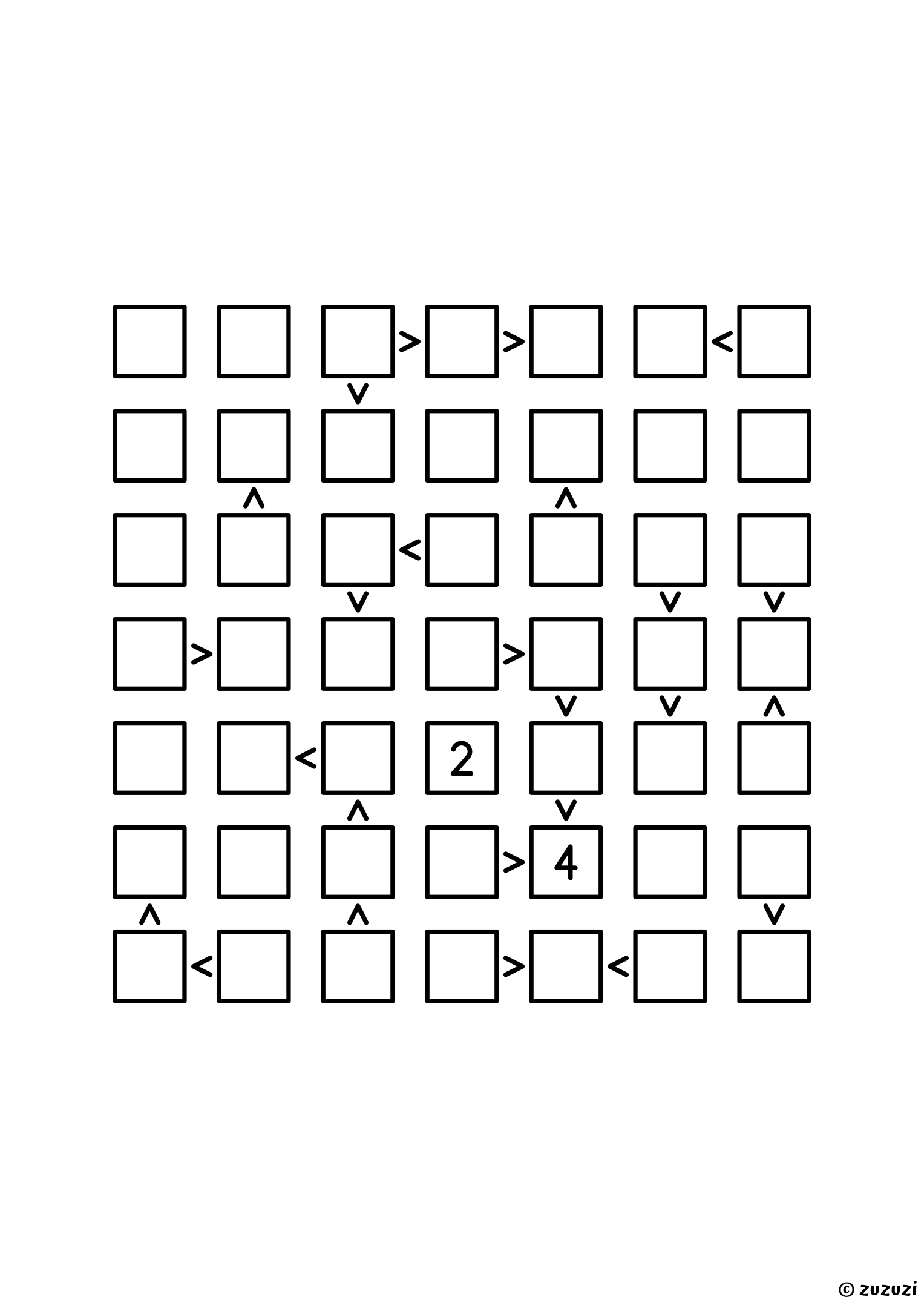 7x7 futoshiki with two given digits and twenty-five signs; the longest chains of signs give the first digits. Puzzle 4 of 8.