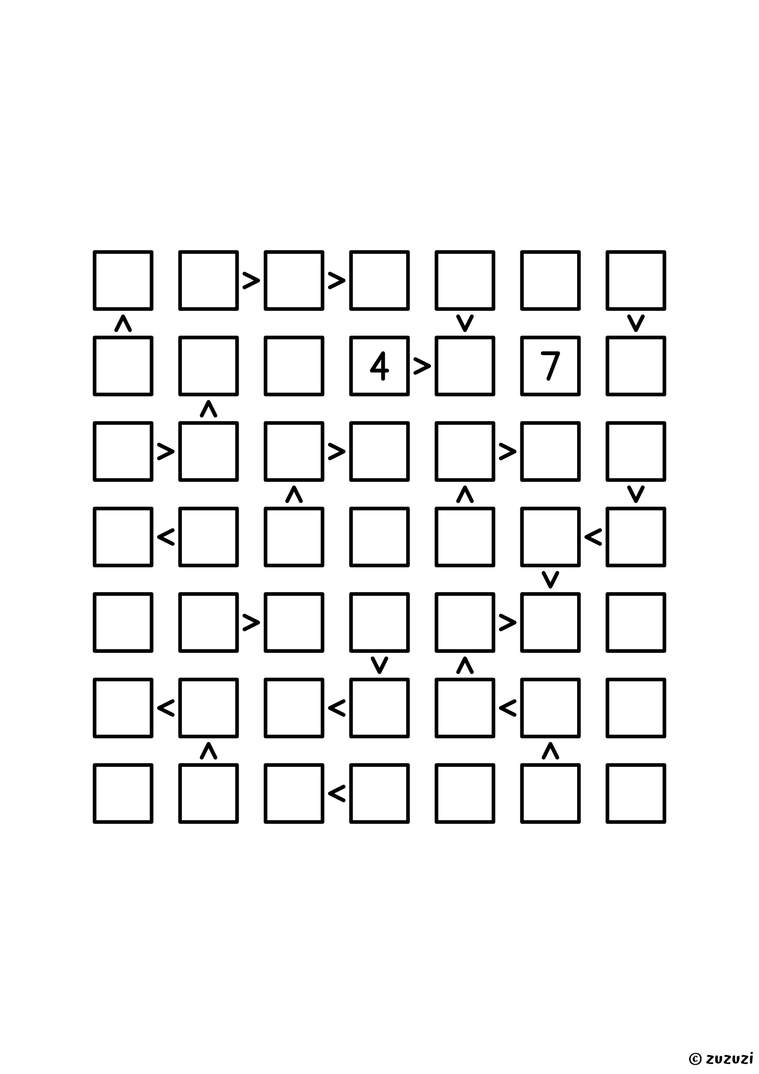 7x7 futoshiki with two given digits and twenty-six signs, one of the two densest grids of the set. Puzzle 5 of 8.