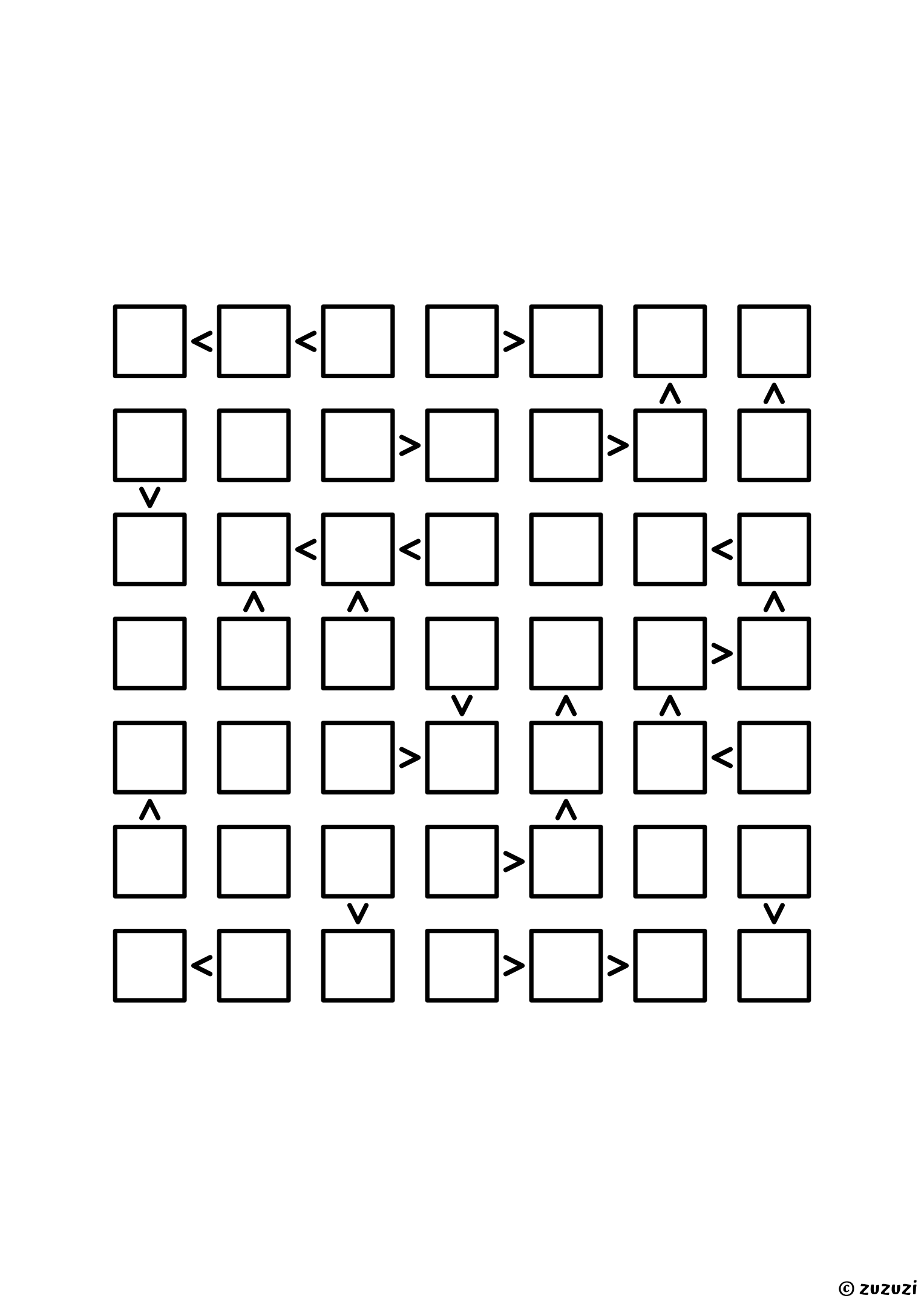 7x7 futoshiki with twenty-eight signs and no given digit at all, the hardest grid of the set: every one of the forty-nine cells comes from the signs. Puzzle 6 of 8.