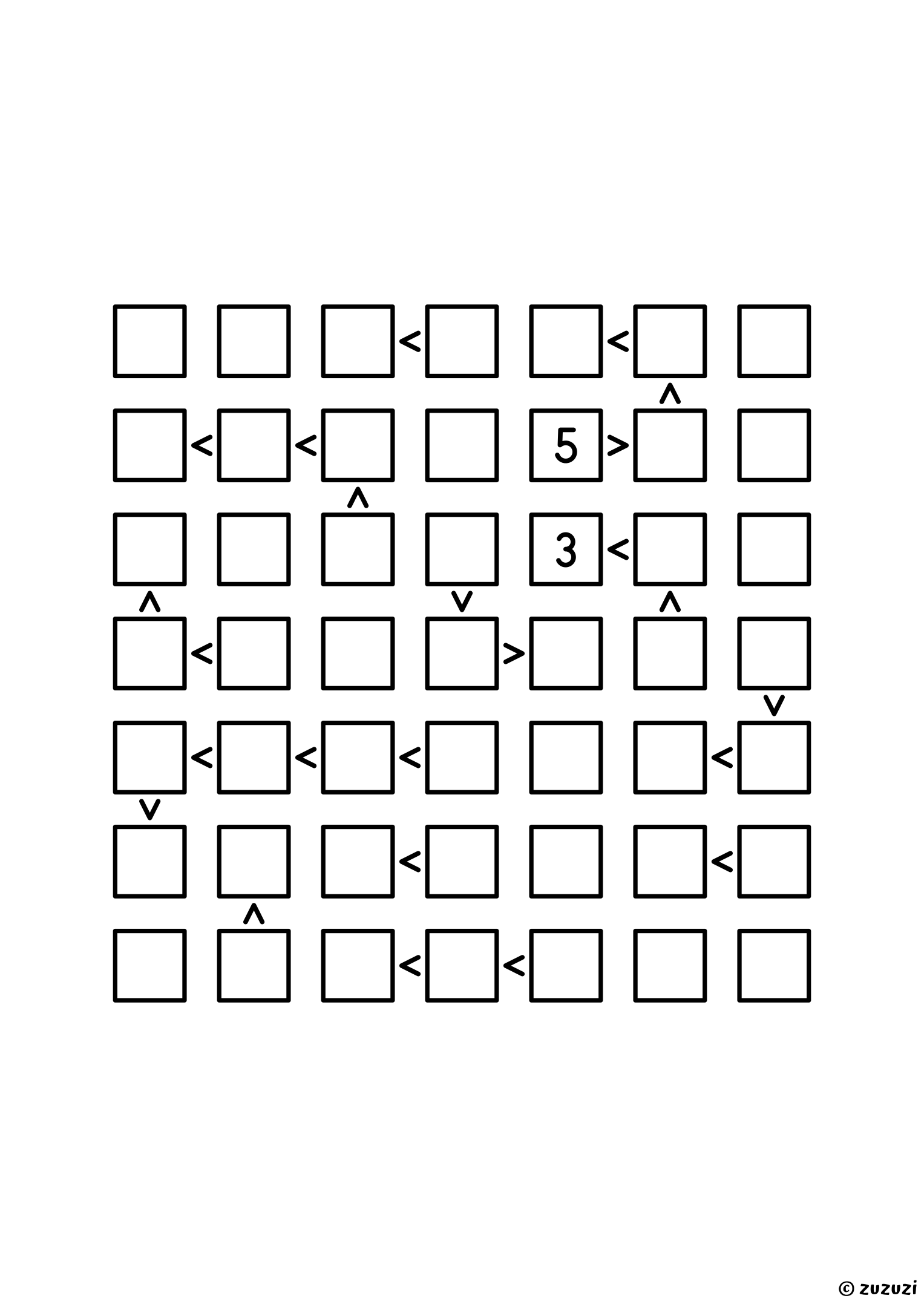7x7 futoshiki with two given digits and twenty-four signs, a grid for the second half of the set, at the average density of the collection. Puzzle 7 of 8.