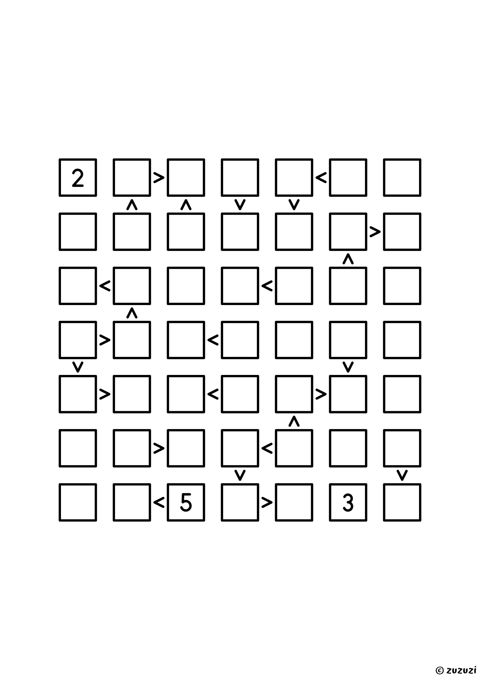 7x7 futoshiki with three given digits and twenty-five signs, the last of the set and of the four futoshiki sizes. Puzzle 8 of 8.