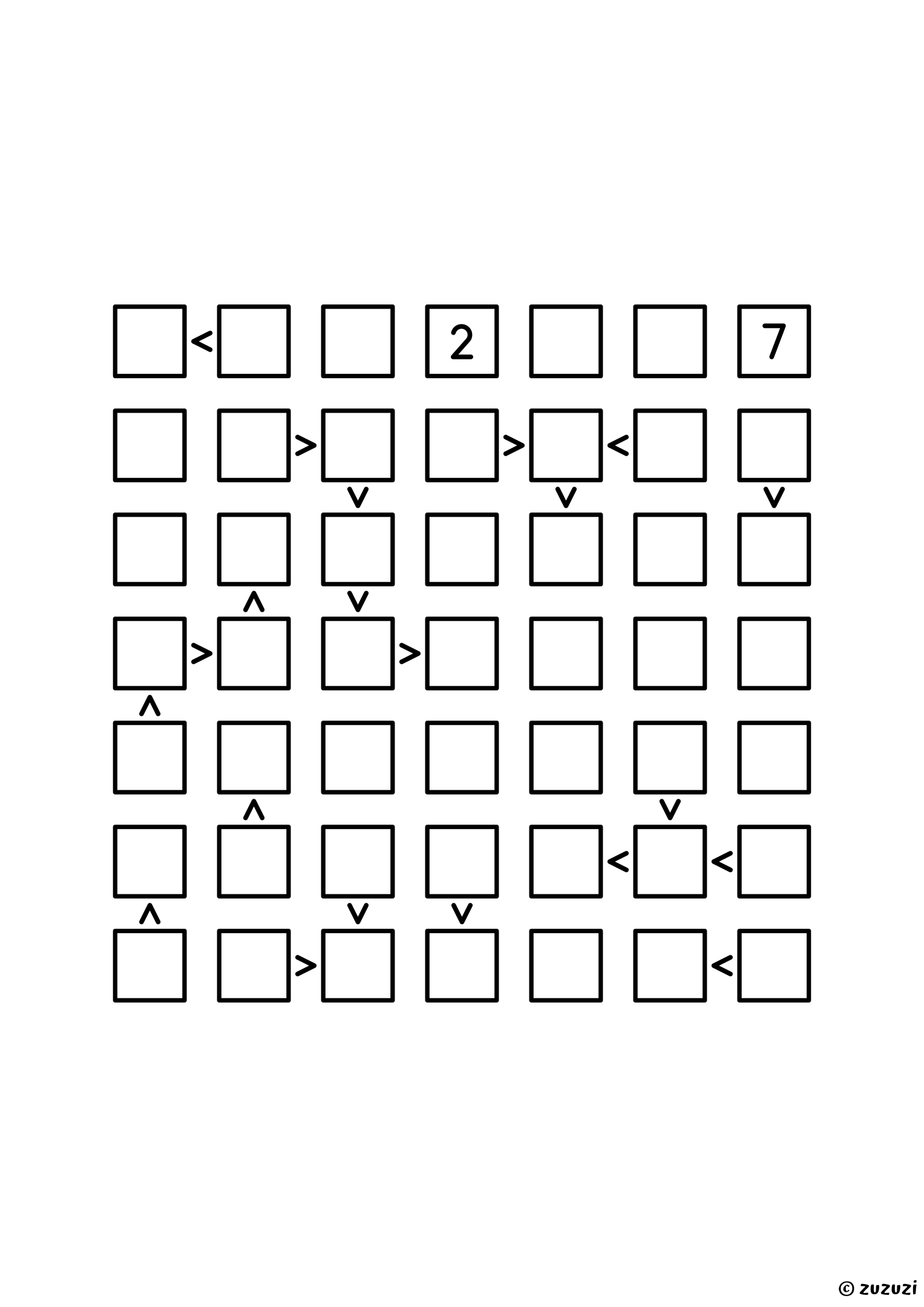 Expert 7x7 futoshiki puzzle with inequality signs between neighboring cells. Digits 1 to 7, one solution. Variant 1.