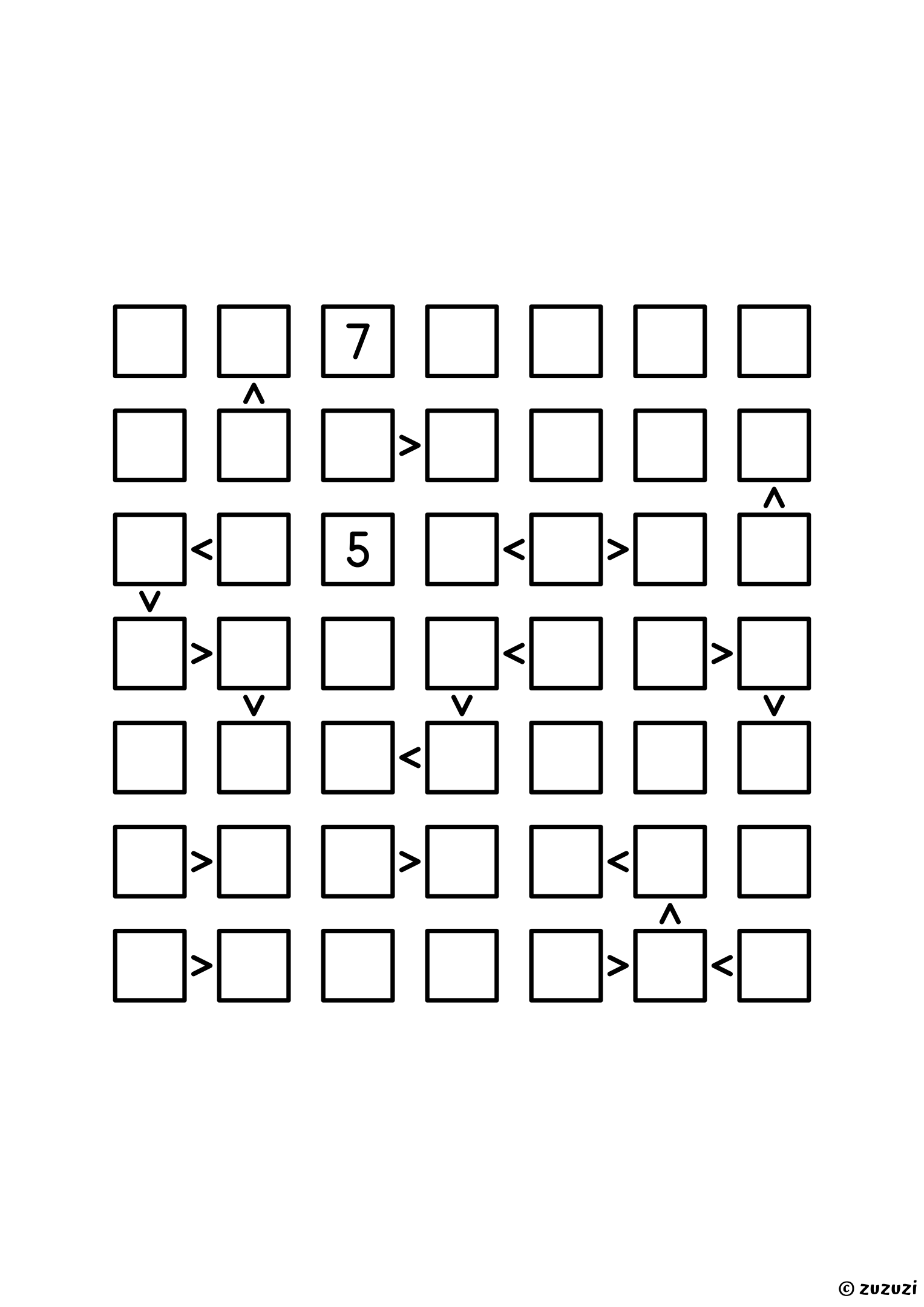 Expert 7x7 futoshiki puzzle with inequality signs between neighboring cells. Digits 1 to 7, one solution. Variant 2.