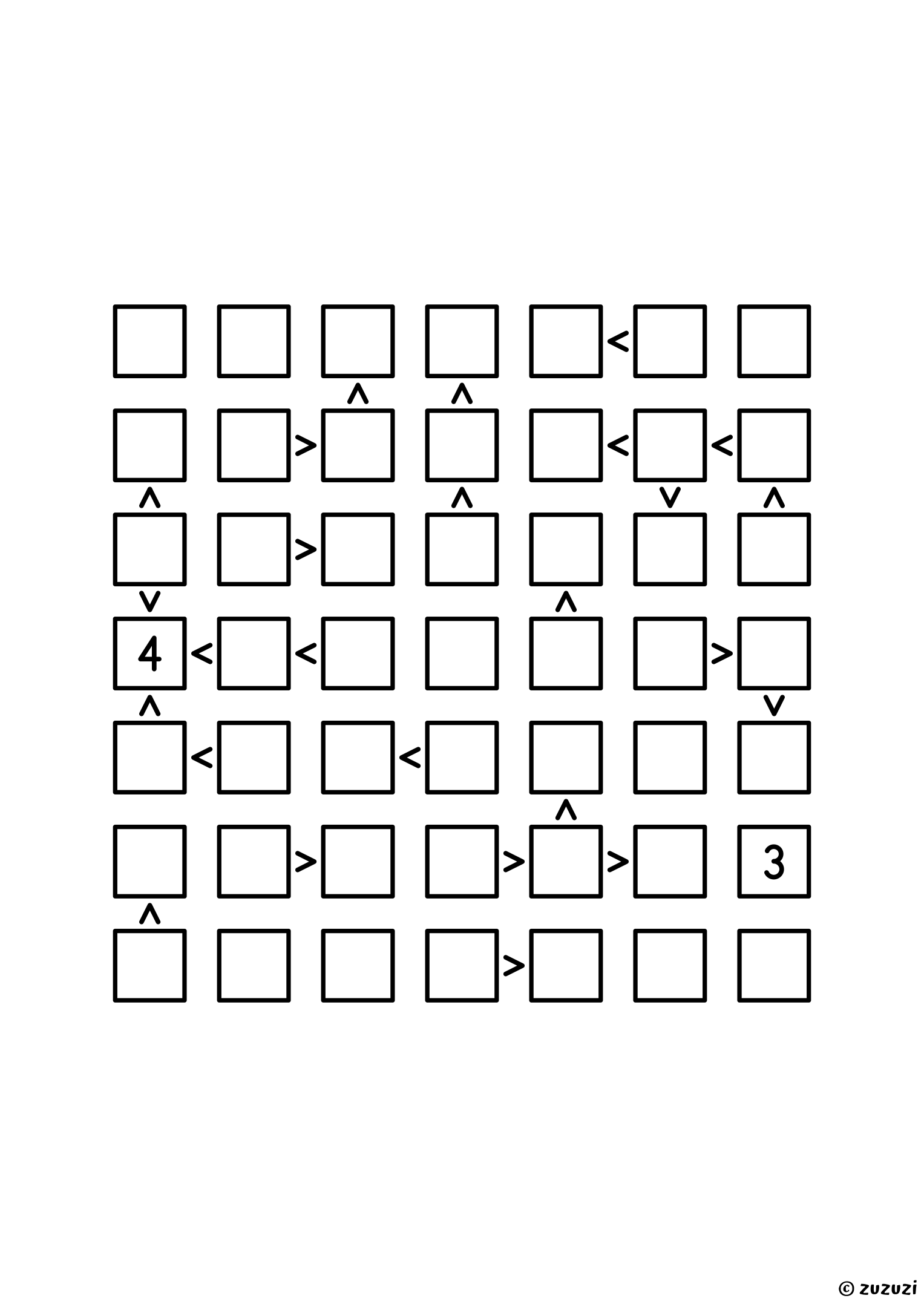 Expert 7x7 futoshiki puzzle with inequality signs between neighboring cells. Digits 1 to 7, one solution. Variant 3.