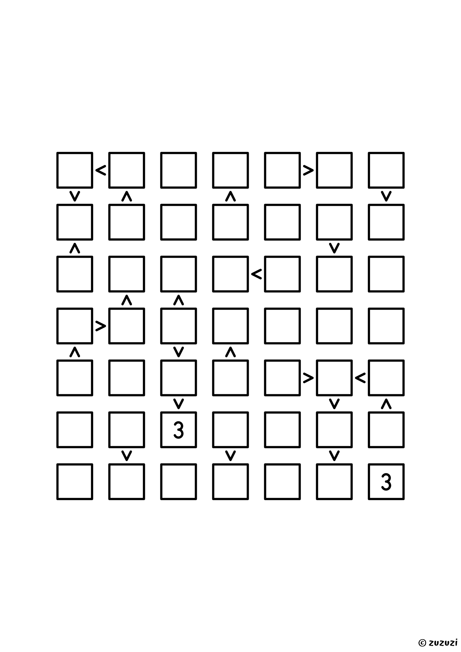 Expert 7x7 futoshiki puzzle with inequality signs between neighboring cells. Digits 1 to 7, one solution. Variant 4.