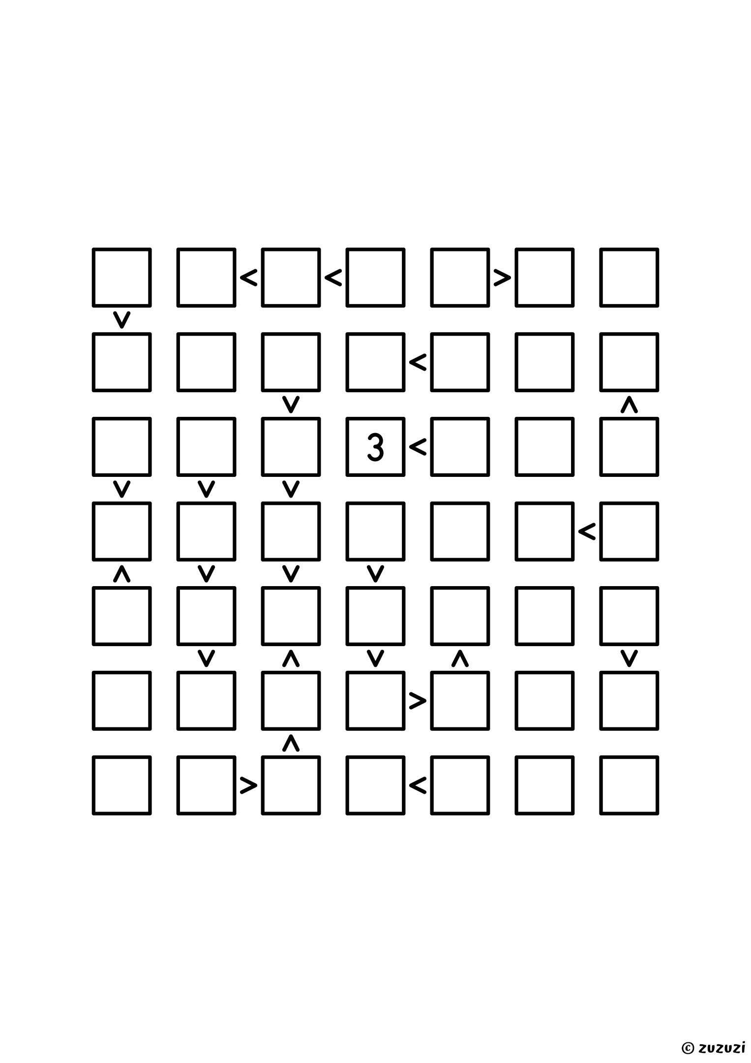 Expert 7x7 futoshiki puzzle with inequality signs between neighboring cells. Digits 1 to 7, one solution. Variant 5.