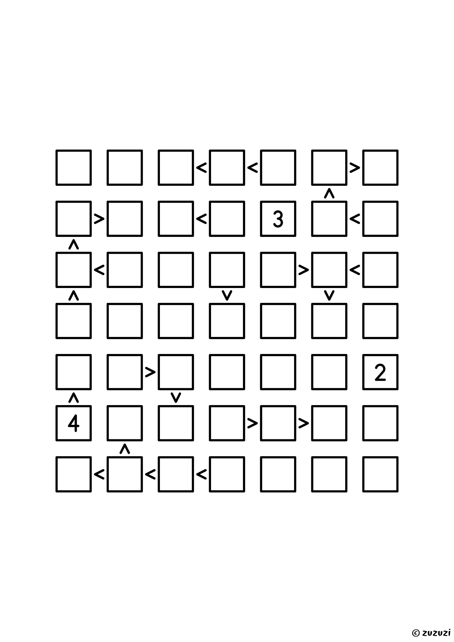 Expert 7x7 futoshiki puzzle with inequality signs between neighboring cells. Digits 1 to 7, one solution. Variant 6.