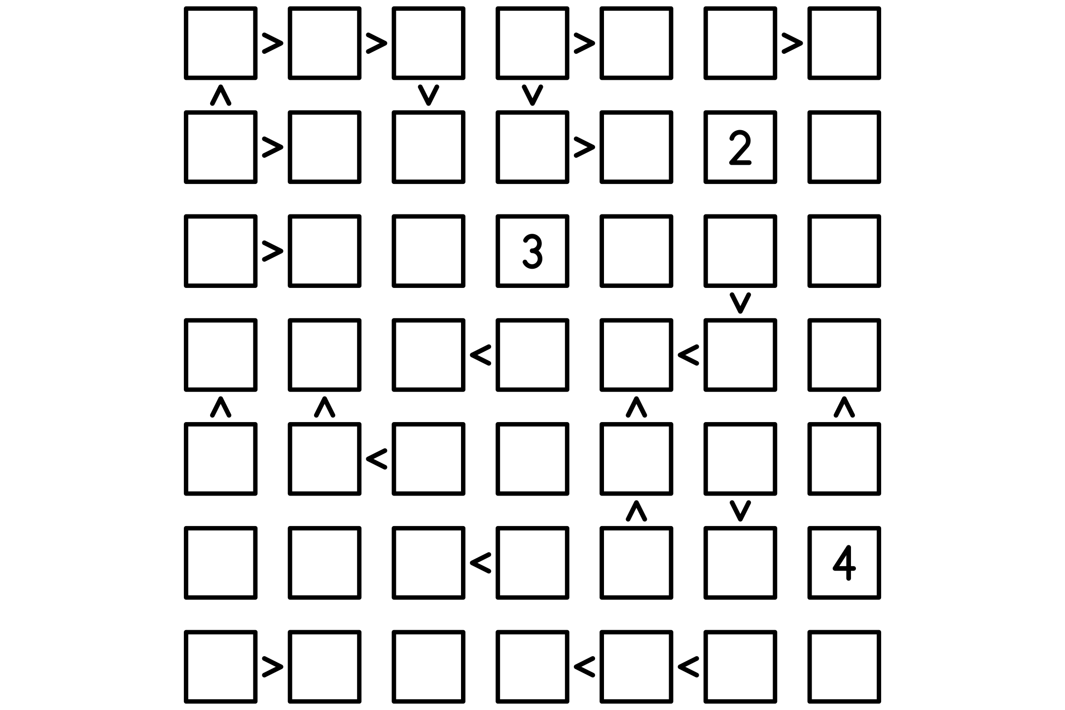 A 7x7 futoshiki grid with inequality signs between its cells and a few given digits, in black and white.