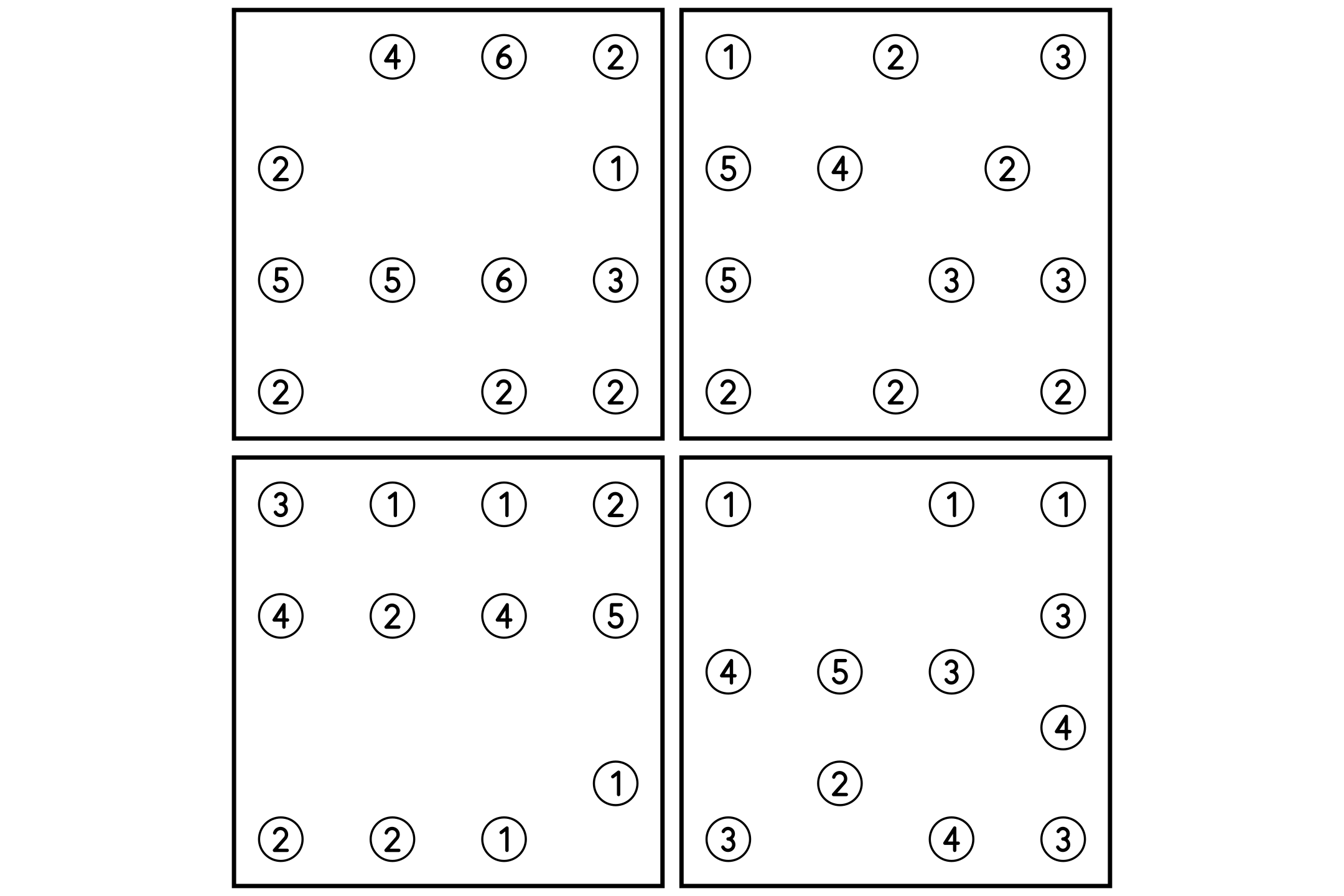 A sheet of four framed 7x7 hashi puzzles with numbered islands.