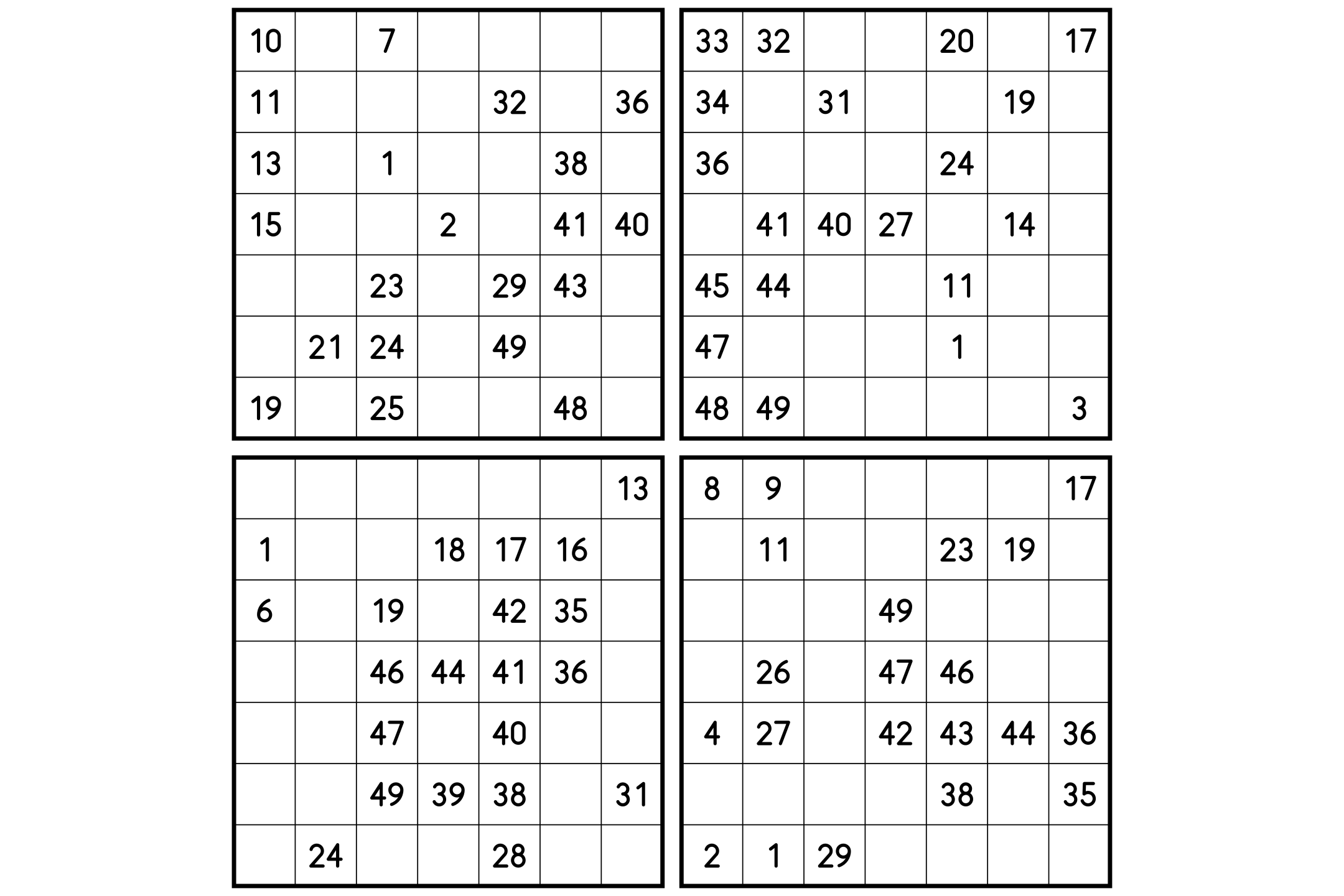 A sheet of four 7x7 Hidoku grids, each with its own handful of clues.